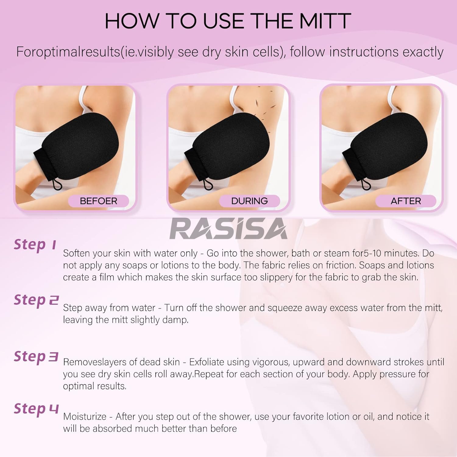 Rasisa Body Exfoliating Glove - Pure Viscose Fiber Double-Layered Exfoliator for Dead Skin & Tan Removal, Face & Body Scrubber (Black) - Perfect for Spa, Shower & At-Home Skincare Routine