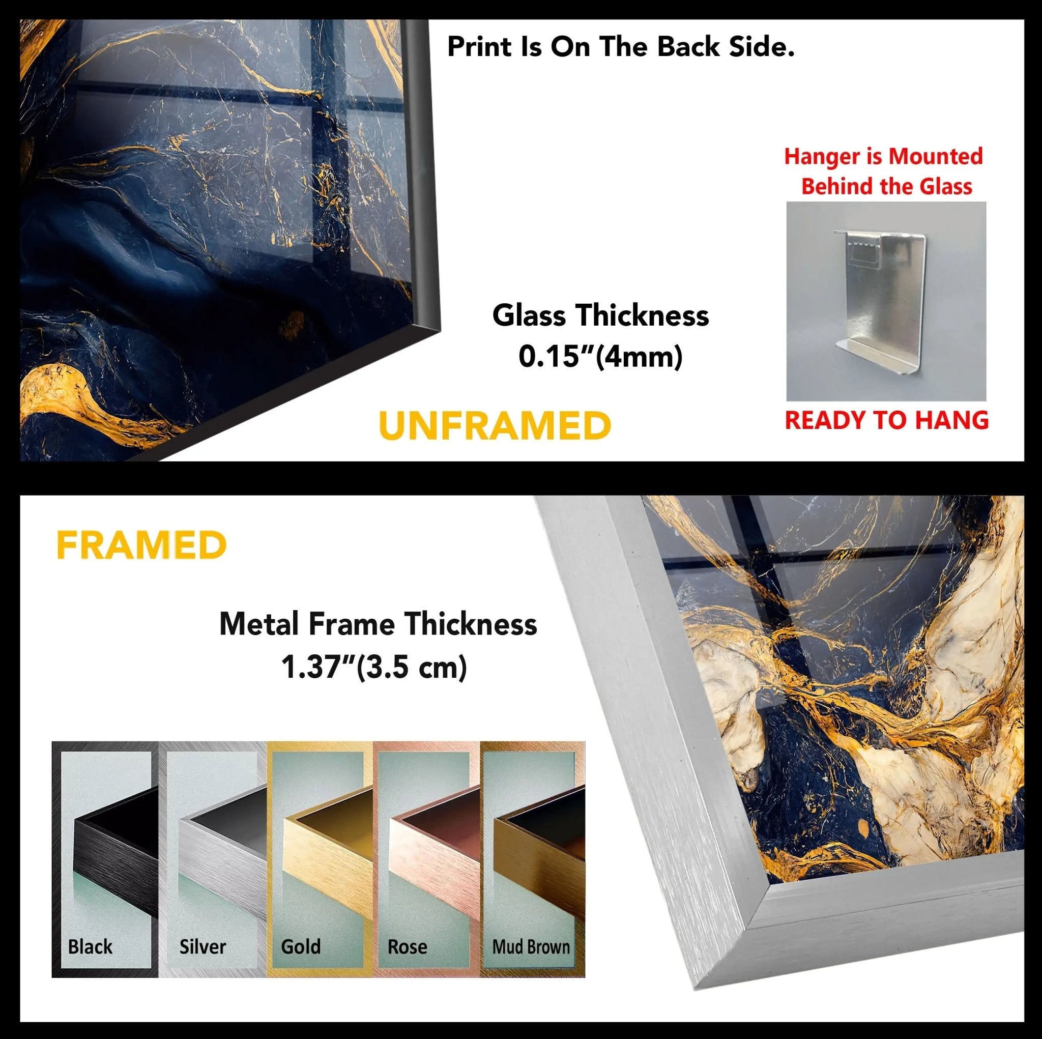 Abstract Marble Dark Blue and Gold Glass Wall Art - Modern Home Decor for Living Room, Bedroom & Office - Elegant Handmade Glass Painting for Wall Display