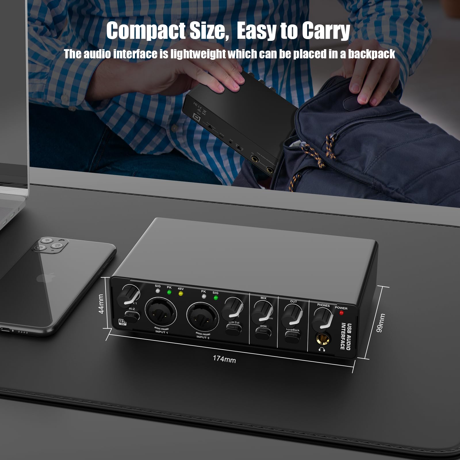 Professional USB Audio Interface - 2 In 2 Out with 48V Phantom Power, XLR/TSR/TS Ports for Recording, Mixing & Podcasting | Studio Quality Mic Preamp for Guitar, Vocals & Streaming (Model 2) | Perfect for Home Studios, Live Performances & Content Creation