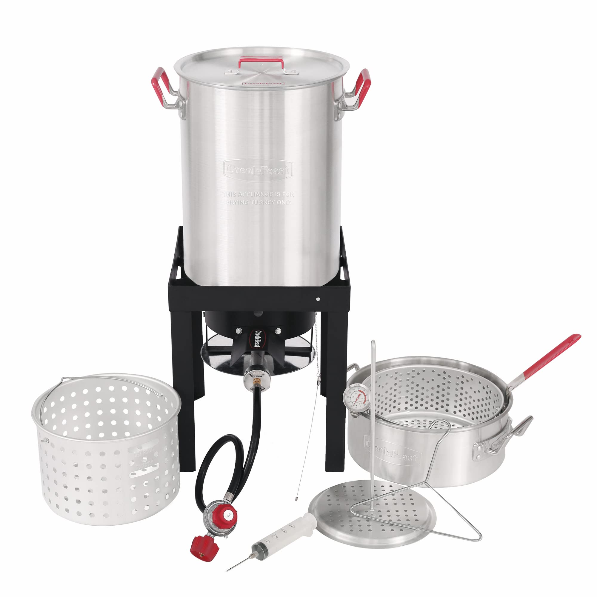 Creole Feast TFP1030 30 Quart Turkey Fryer & 10 Quart Fish Fryer Kit with 50,000 BTU Propane Burner – Outdoor Deep Fryer & Seafood Boiler Steamer for Backyard Cooking, Camping, Tailgating – Silver & Black