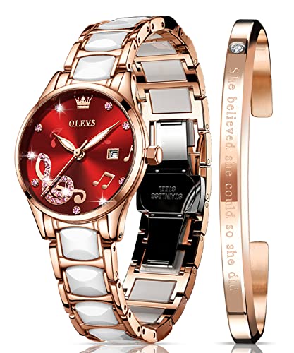 OLEVS Women's Rose Gold Two-Tone White Ceramic Watch with Pink/Red Dial - Stainless Steel Waterproof Date Wristwatch for Ladies | Perfect for Everyday Wear, Office, and Special Occasions