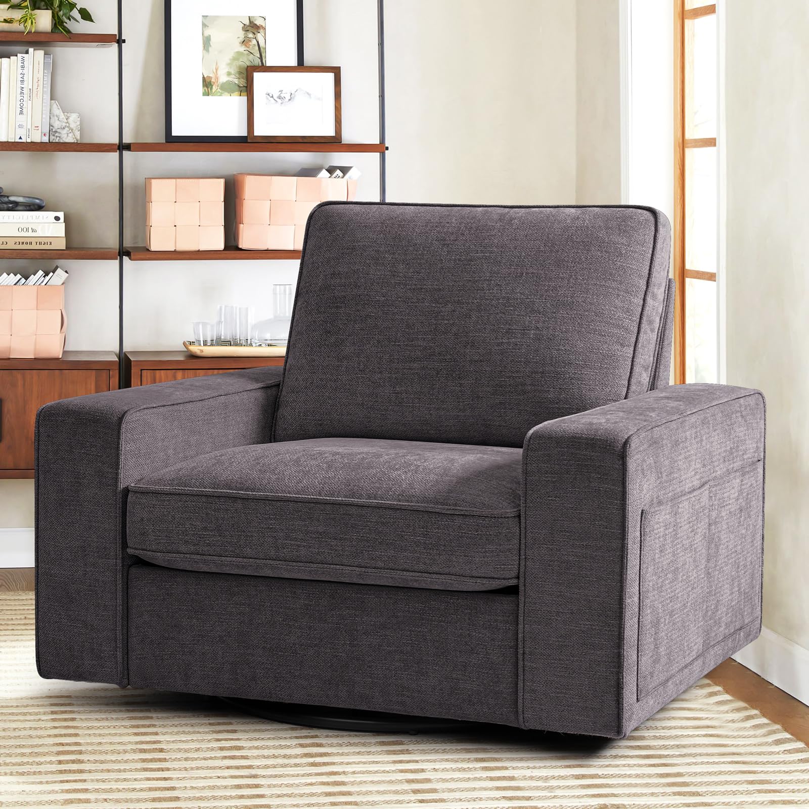 Swivel Accent Chair for Living Room - Comfy Single Sofa Chair with Soft Breathable Padding, Extra Wide Armrests & Washable Cover (Dark Gray, 40.7