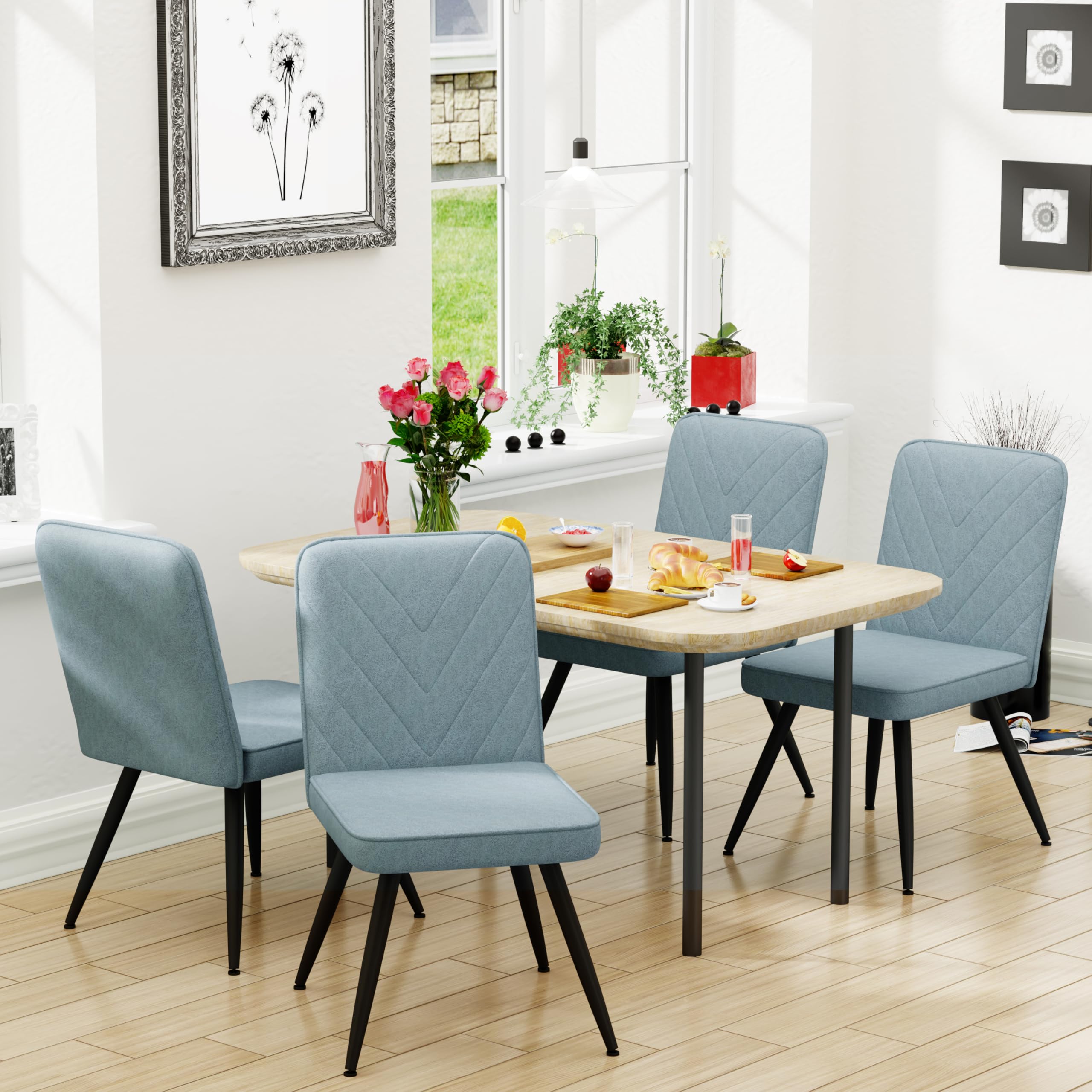 Modern Blue Fabric Armless Dining Chairs Set of 2 with Metal Legs - Perfect for Kitchen Tables, Home Desks, and Small Dining Rooms