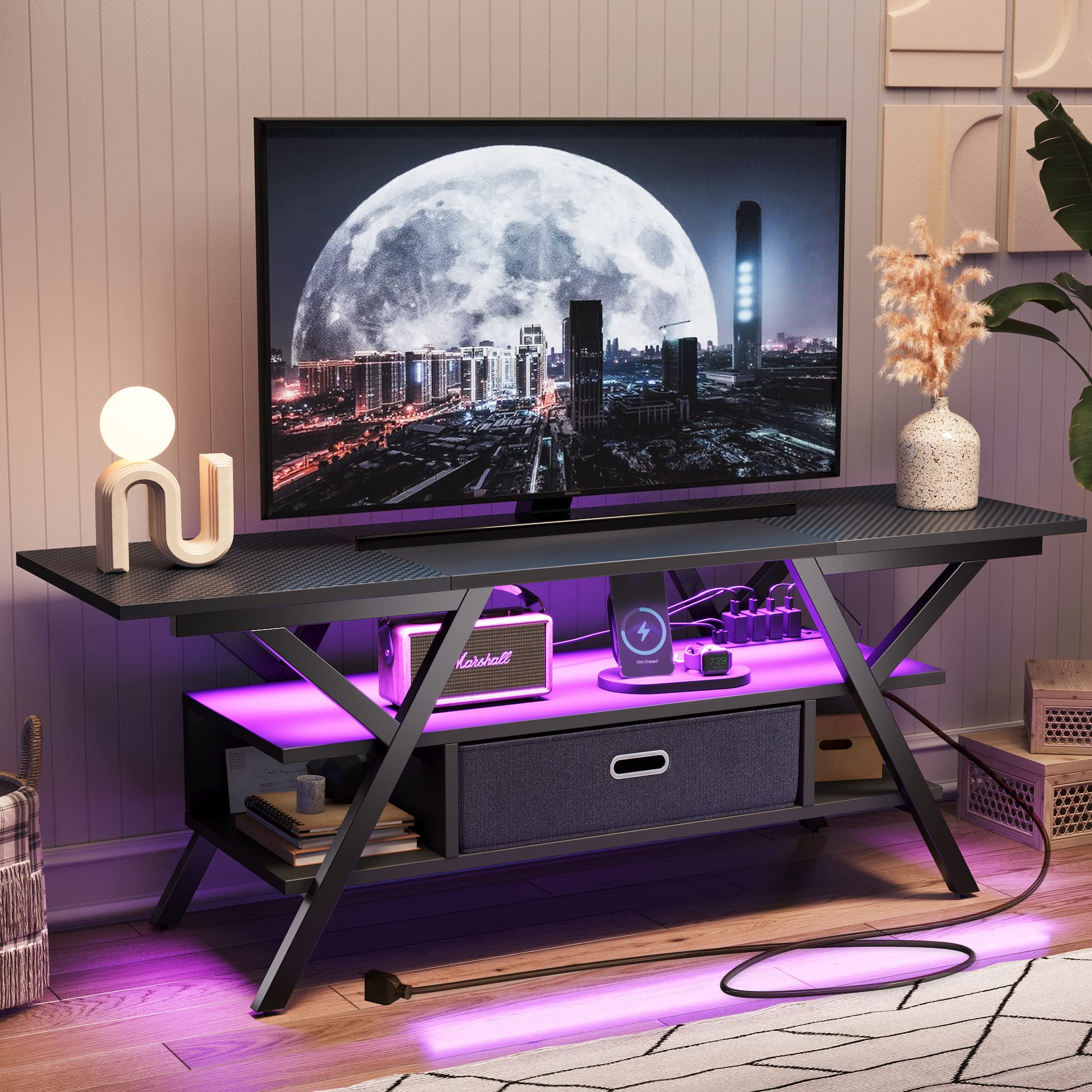 Bestier 55 Inch LED TV Stand with Power Outlets - Modern Entertainment Center for 50/55/60/65 Inch TVs - Carbon Fiber Black Gaming TV Console with Removable Drawer for PS5, Xbox - Perfect for Living Room & Bedroom Setup
