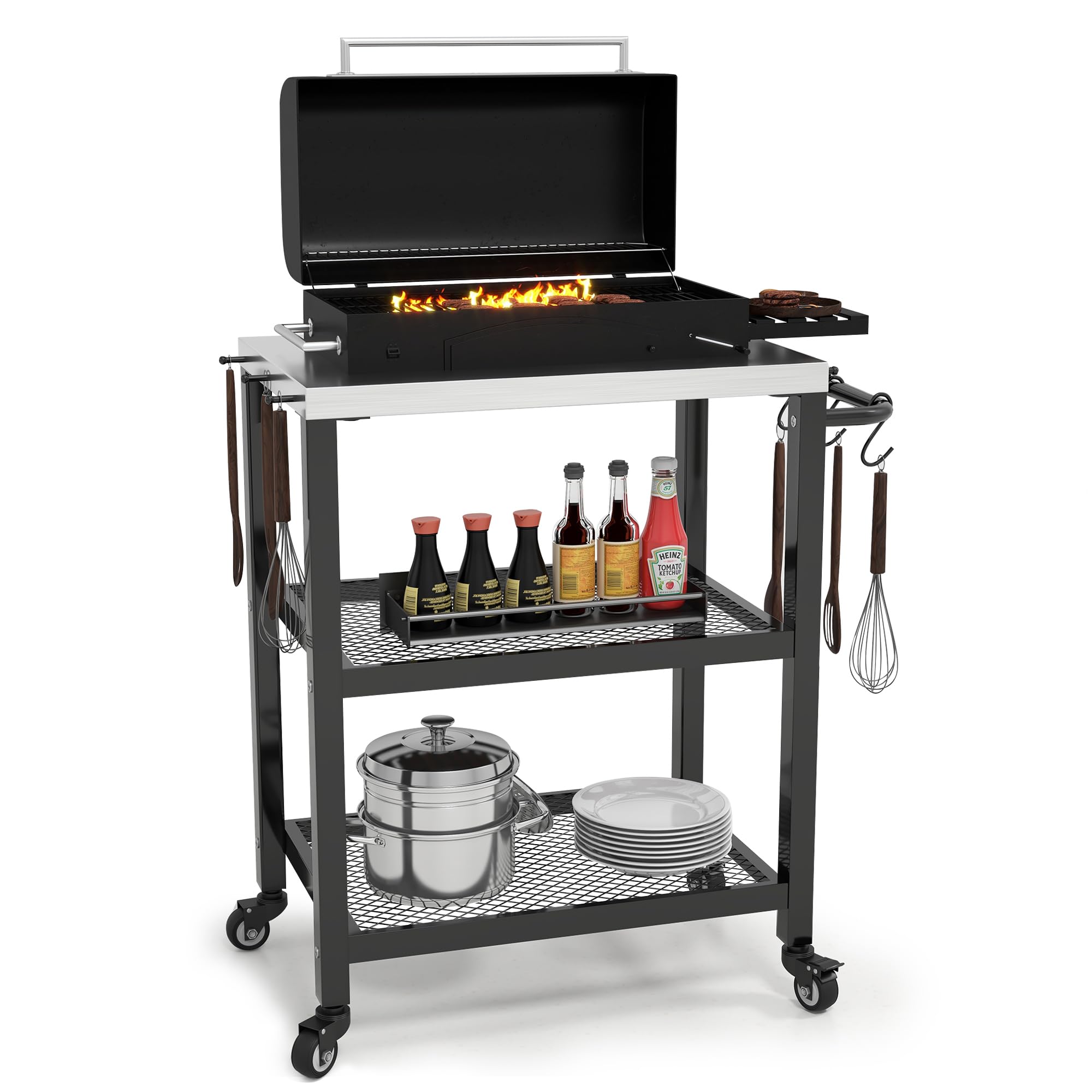 YITAHOME Outdoor Grill Table with Hooks & Side Handle - Portable BBQ Prep Cart for Pizza Oven, Patio, Garden & Kitchen - Durable Sliver & Black Design for Backyard Cooking & Entertaining