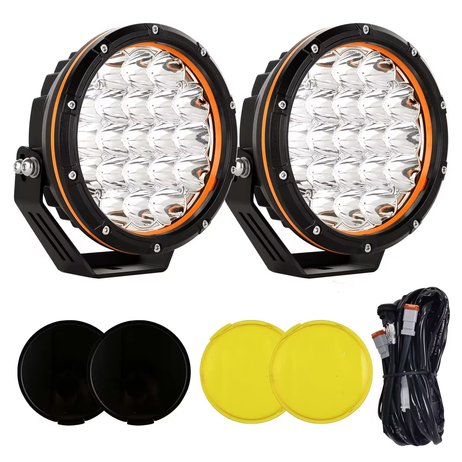7inch 2PCS LED Off Road Lights - 210W 32000LM Super Bright Driving Lights with Amber Cover, 12V/24V Wiring Harness - Perfect for Pickup Trucks, SUVs & Offroad Adventures (Ideal for Night Driving, Camping & Trail Exploration)