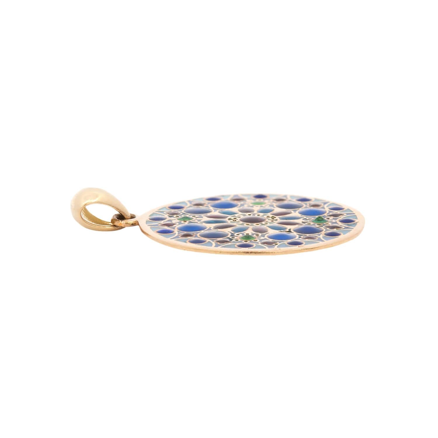 18K Gold French Plique à Jour Disc Pendant Necklace - Vintage Elegant Jewelry for Women, Perfect for Weddings, Parties & Special Occasions