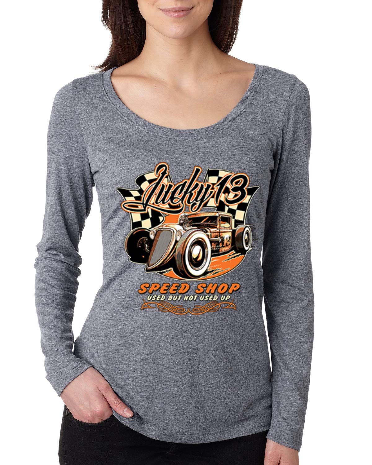 Vintage Lucky 13 Speed Shop Women's Long Sleeve Scoop Neck T-Shirt - Retro Car & Truck Enthusiast Apparel for Casual Wear & Car Shows