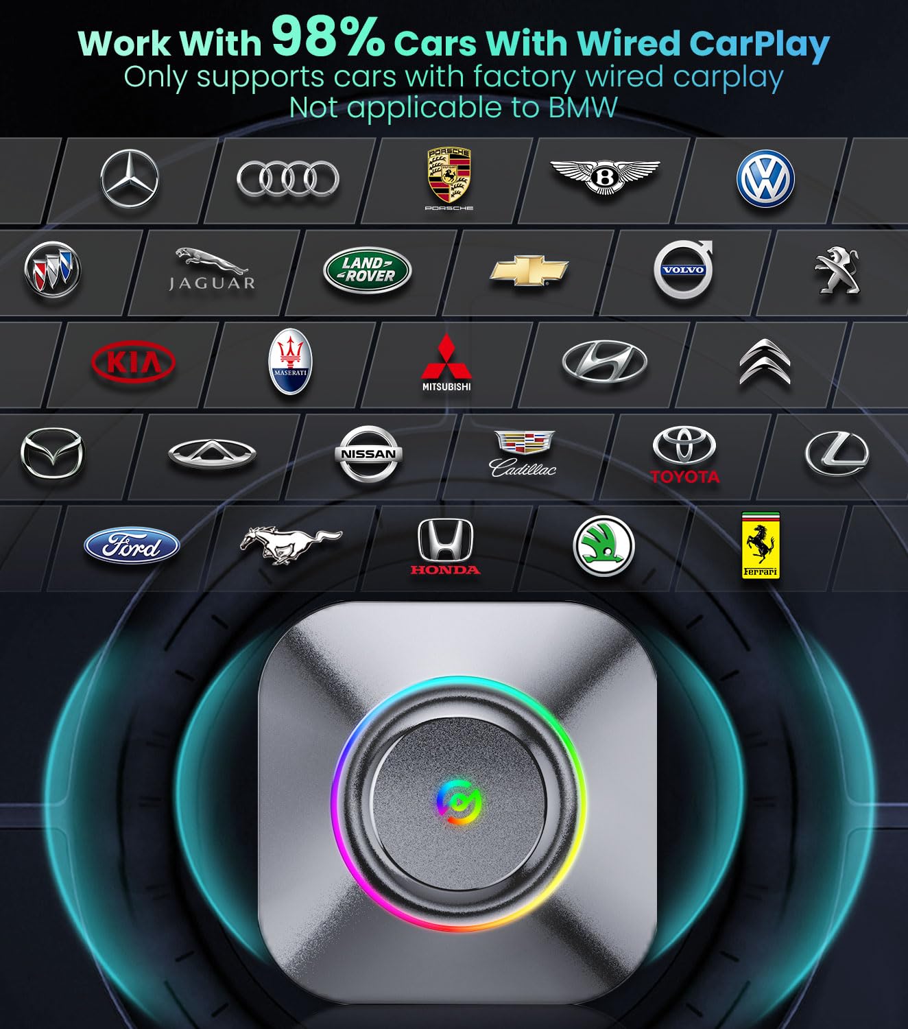 Wireless CarPlay Adapter 2.0 - Apple CarPlay & Android Auto Wireless Streaming Dongle for Factory Wired Cars - Supports Netflix, YouTube, TikTok - Perfect for Road Trips, Commuting & In-Car Entertainment