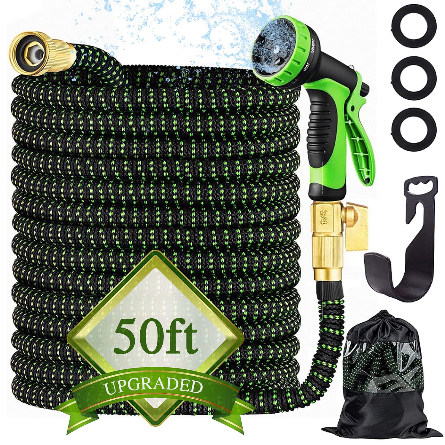 **50ft Expandable Garden Hose with 10-Function Nozzle - Flexible, No-Kink Water Hose with Solid Brass Fittings & Upgraded 3750D Fabric - Perfect for Watering, Washing Cars, and Outdoor Cleaning**