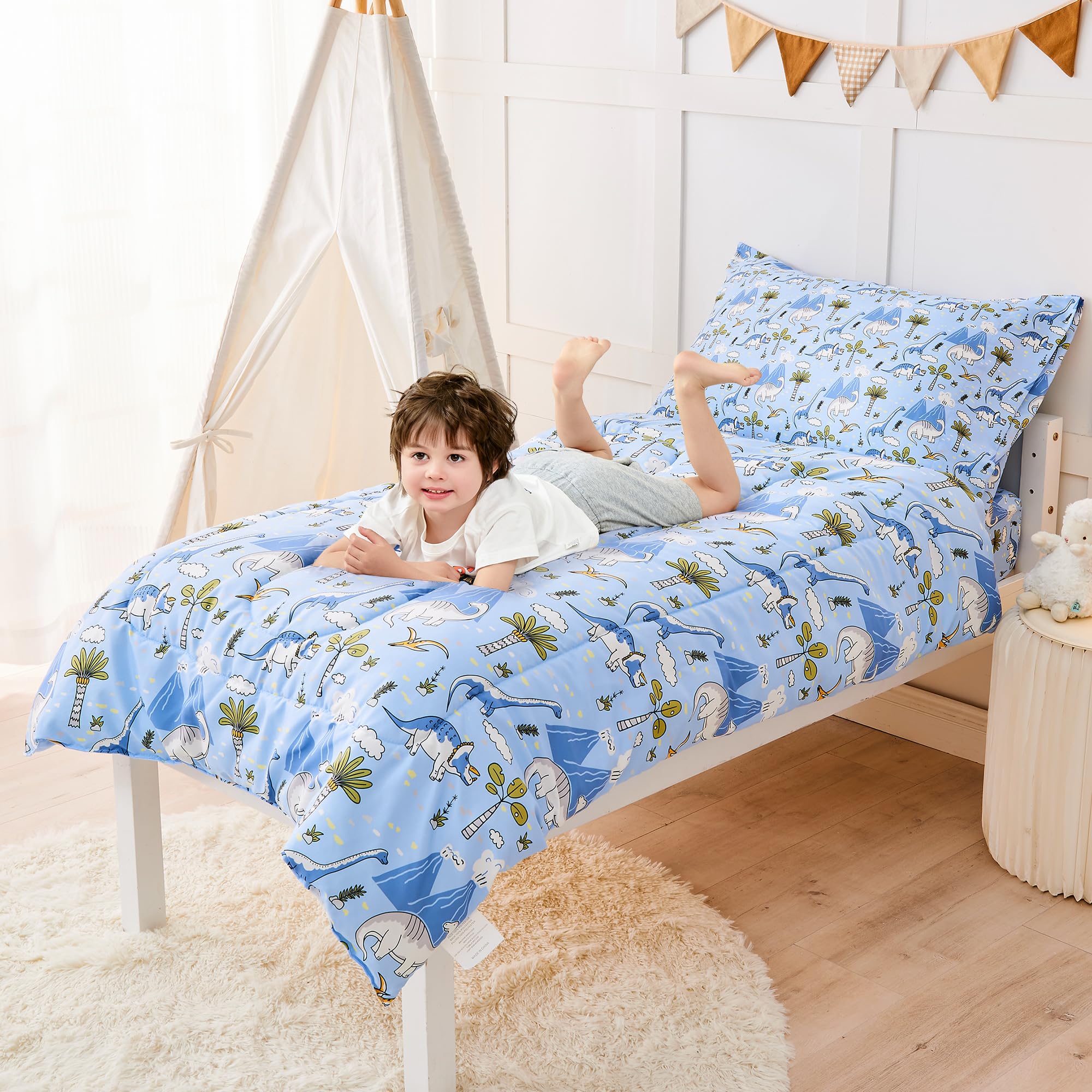 Dinosaur Toddler Bedding Set 4-Piece - Super Soft Microfiber Comforter for Boys & Kids | Bed-in-a-Bag Nursery Decor | Perfect for Dinosaur Themed Bedrooms & Playrooms