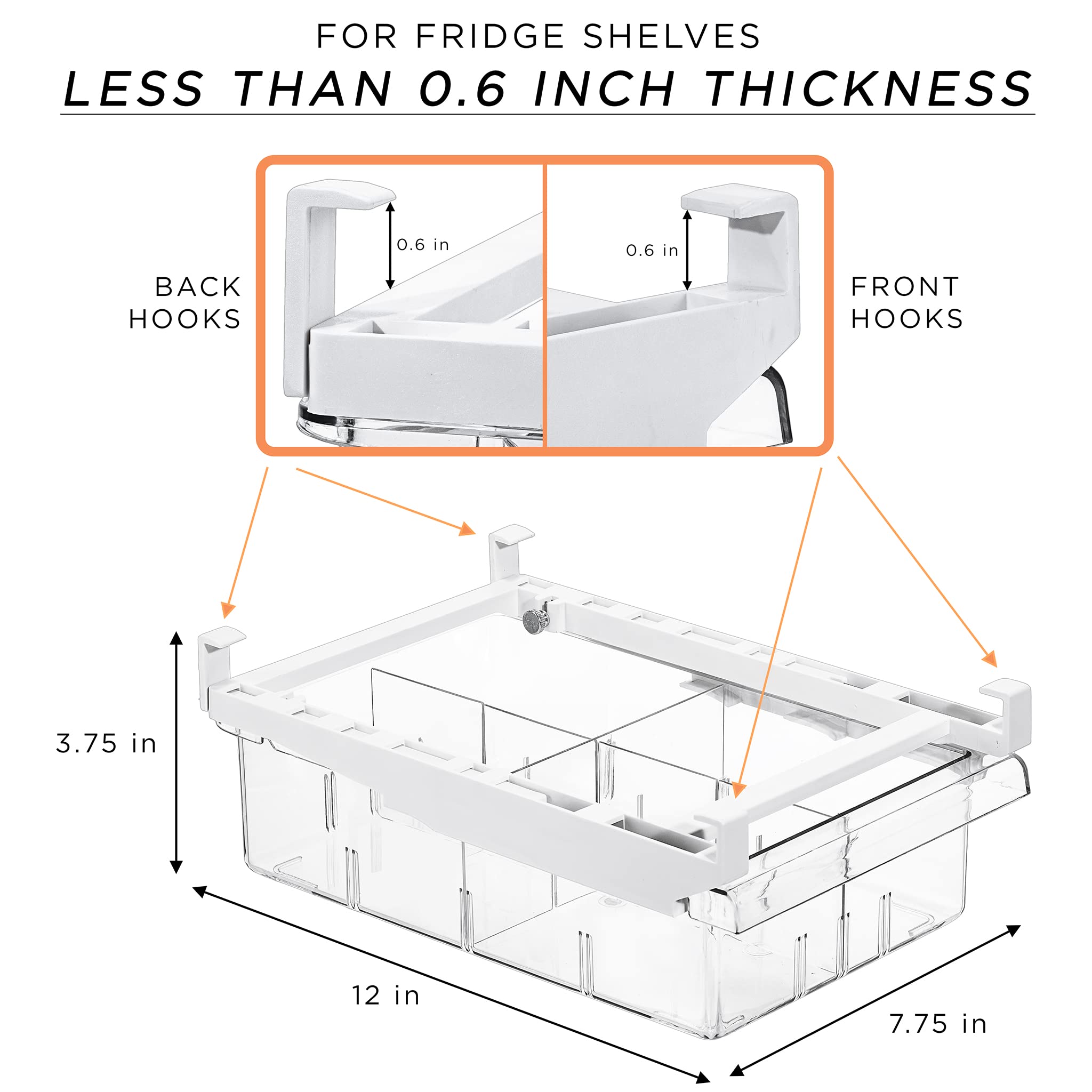 Sorbus Pull Out Fridge Drawer Organizer - Adjustable Plastic Kitchen & Bathroom Storage Bin for 0.6 Inch Thick Shelves (12-17 Inches) - 2 Pack - Perfect for Refrigerator, Pantry, and Cabinet Organization