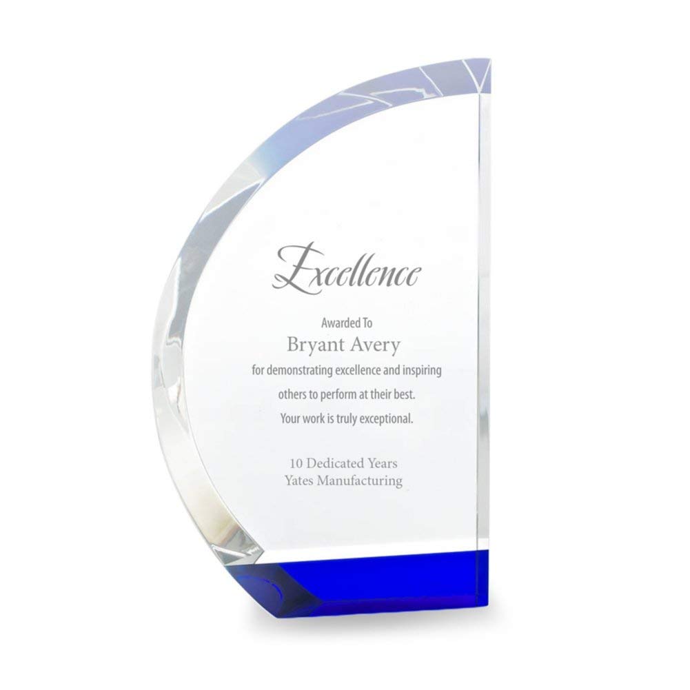 Baudville Engraved Crystal Trophy with Blue Base - Custom Employee Award with Personalized Engraving - Gift Box Included - Perfect for Recognition Ceremonies & Corporate Awards