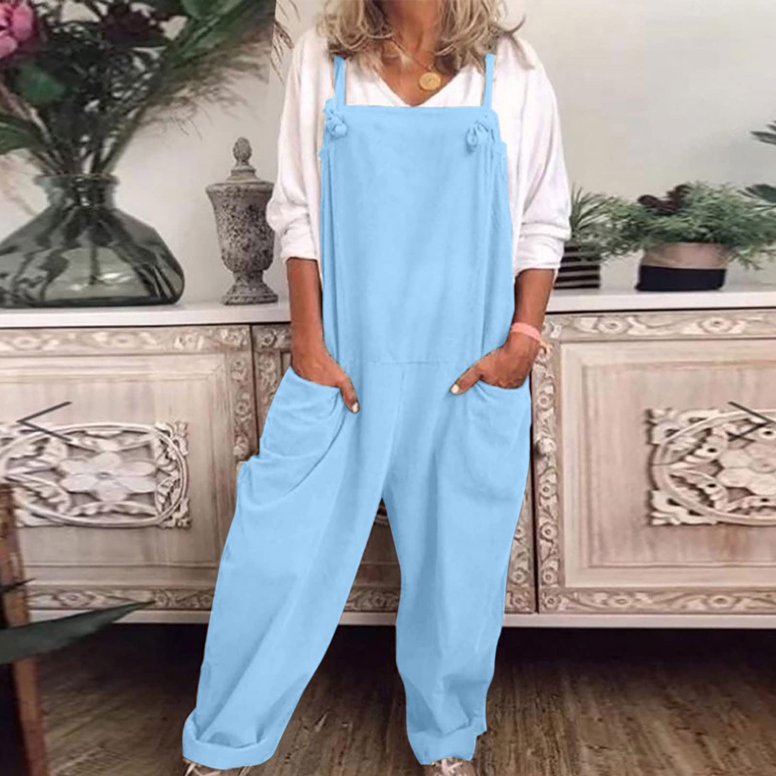 Women's Rompers 2024 - Sleeveless Baggy Jumpsuit Overalls with Pockets | Summer Casual Cotton Linen Outfit for Beach, Travel & Daily Wear
