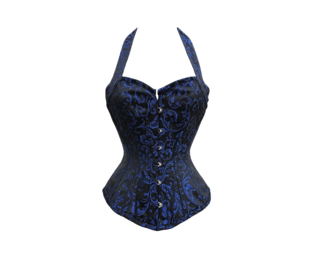 Blue Black Plus Size Brocade Corset with Halter Neck - Overbust Waist Trainer for Women | Shapewear for Evening Dresses, Cosplay & Special Occasions
