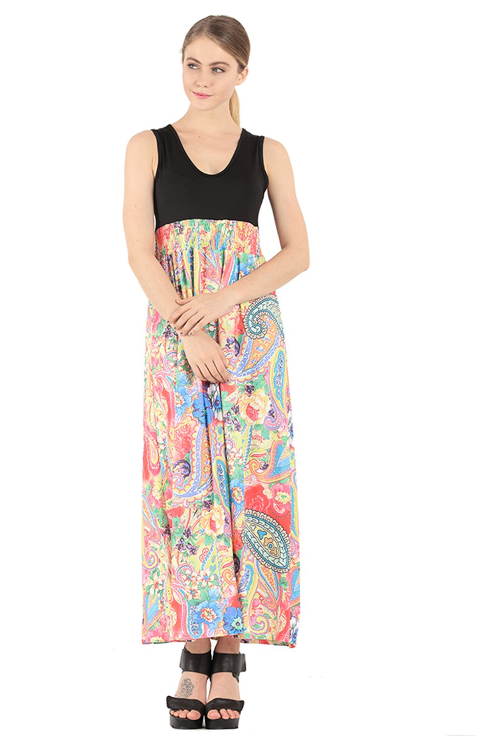 Easyhon Women's Floral Print Sleeveless Maxi Dress - Summer Contrast Tank Top for Beach, Vacation & Casual Wear