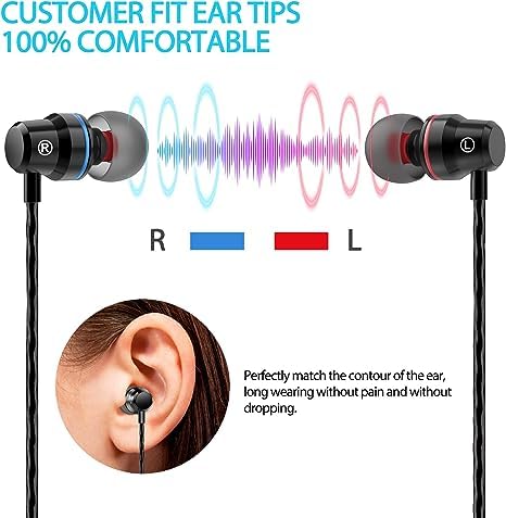 Premium Wired In-Ear Headphones with Microphone - Noise Isolating Earbuds for Samsung & Android Phones, Tablets, Laptops & Computers (Black) - Perfect for Commuting, Gaming & Work Calls