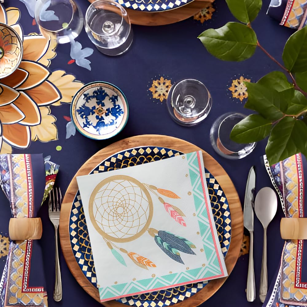 Tribal Boho Party Beverage Napkins - 16-Pack Colorful Paper Napkins for Birthday, Wedding & Holiday Celebrations - Perfect for Boho Themed Parties, Picnics & Festive Gatherings