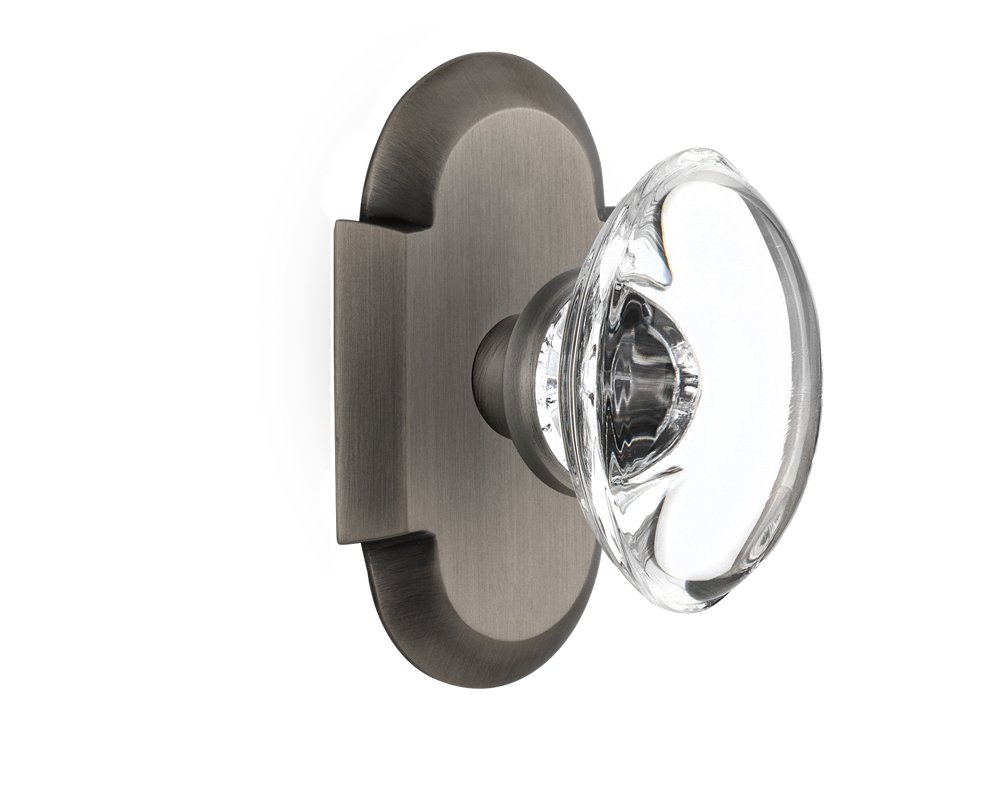 Vintage Cottage Plate with Oval Clear Crystal Glass Door Knob - Single Dummy Knob in Antique Pewter Finish for Cabinet, Dresser & Furniture Restoration | Classic Home Decor Hardware