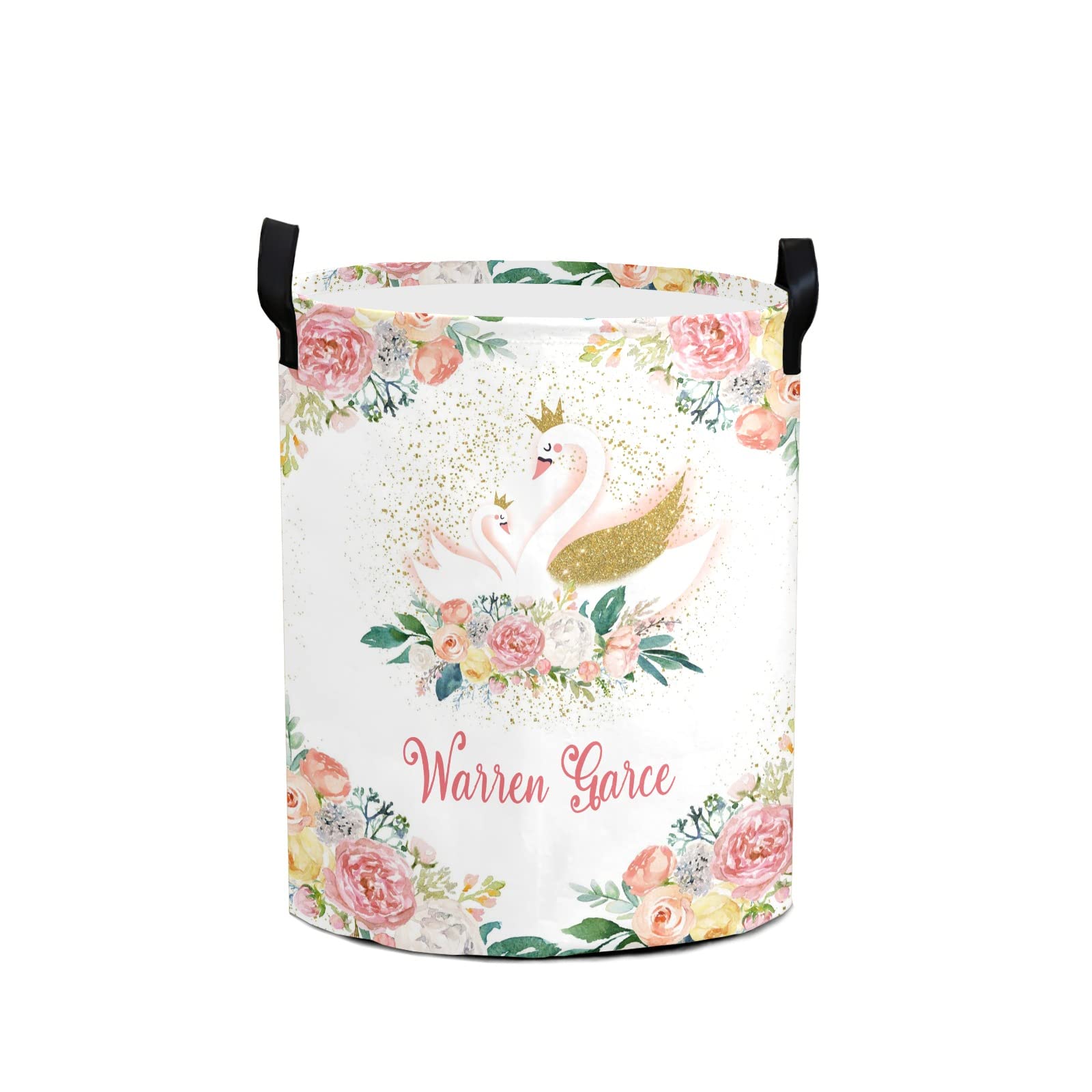 Personalized Gold Swan Pink Floral Laundry Basket - Waterproof Collapsible Clothes Hamper with Handles for Bedroom & Bathroom Storage | Large Capacity Decorative Laundry Organizer for Home, Dorm, Nursery & Gift Giving