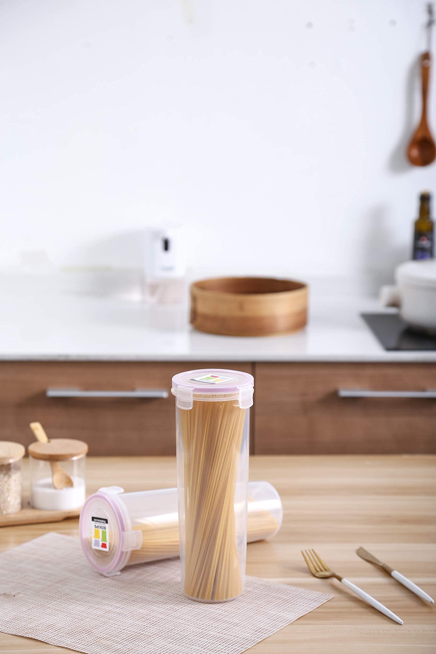 Komax Airtight Spaghetti Storage Containers - BPA-Free Plastic Pasta Canisters with Lids - Set of 2 Round Dry Food Containers for Pantry Organization - Perfect for Spaghetti, Macaroni & Cereal Storage - Dishwasher Safe & Leakproof Kitchen Containers for Home & Restaurant Use
