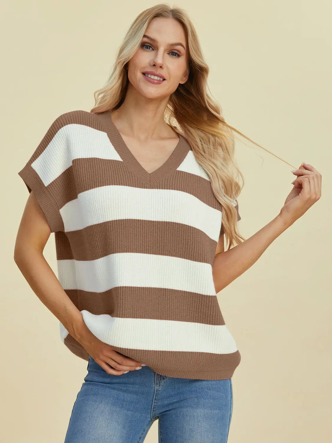 Double Take Full Size Striped V Neck Short Sleeve Sweater for Women - Soft Knit Pullover Casual Top for Spring & Summer Outfits | Office Wear, Date Night, Weekend Brunch