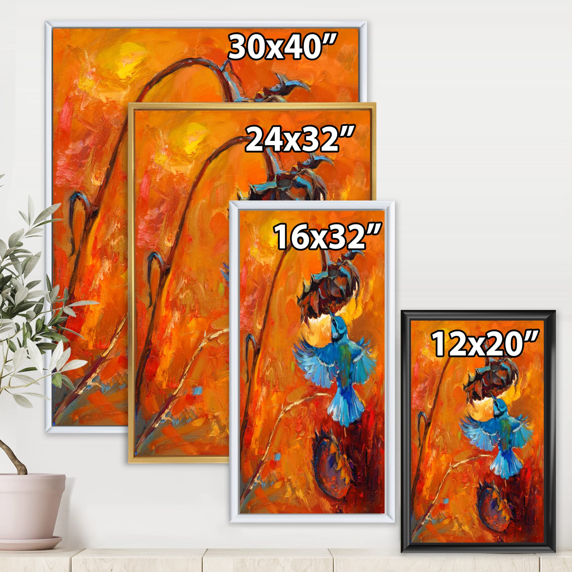 Blue Hummingbird on Orange - Traditional Framed Canvas Wall Art Print - Home & Office Decor, Living Room Bedroom Wall Decor, Unique Gift Idea