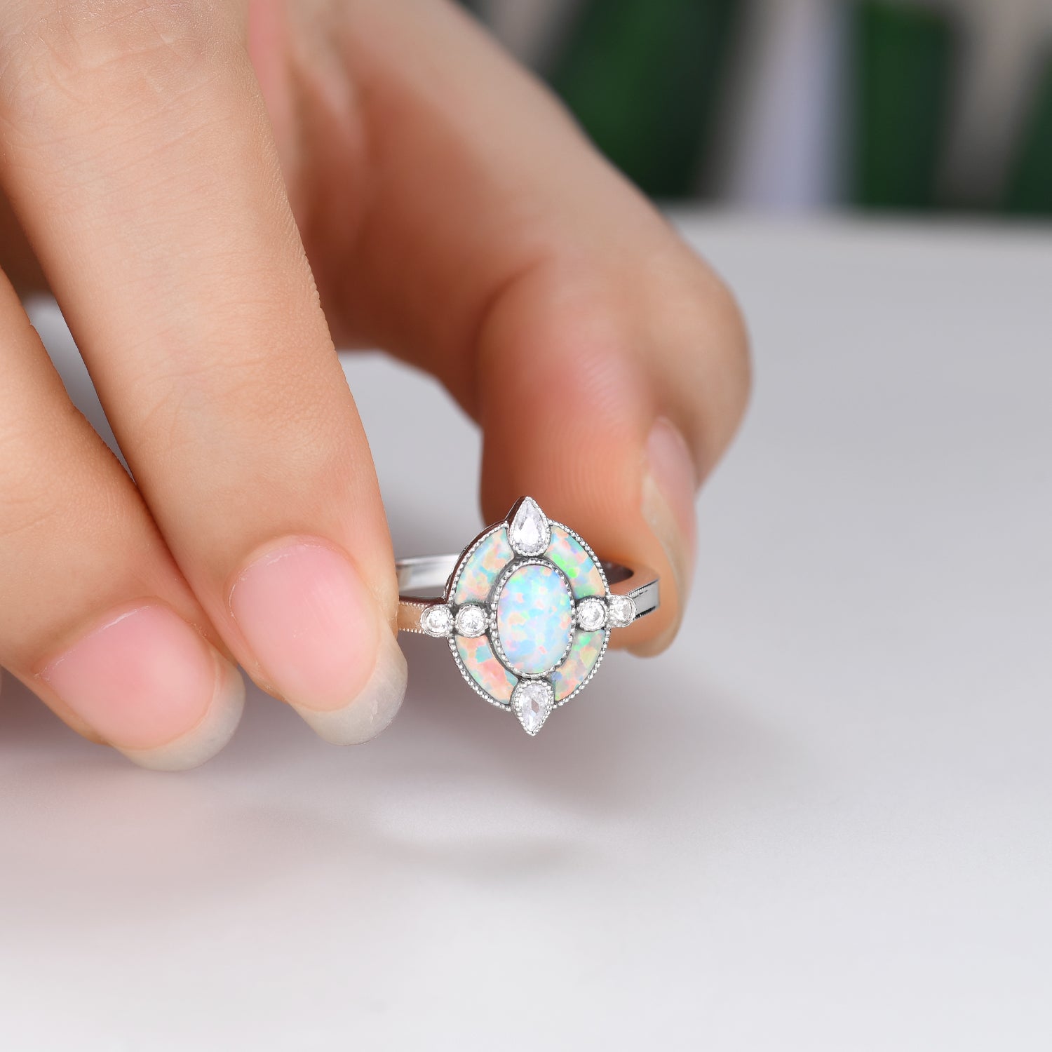 Antique White Opal Halo Engagement Ring - Vintage Oval Cut Cocktail Ring with October Birthstone - Perfect for Proposals, Anniversaries & Special Occasions