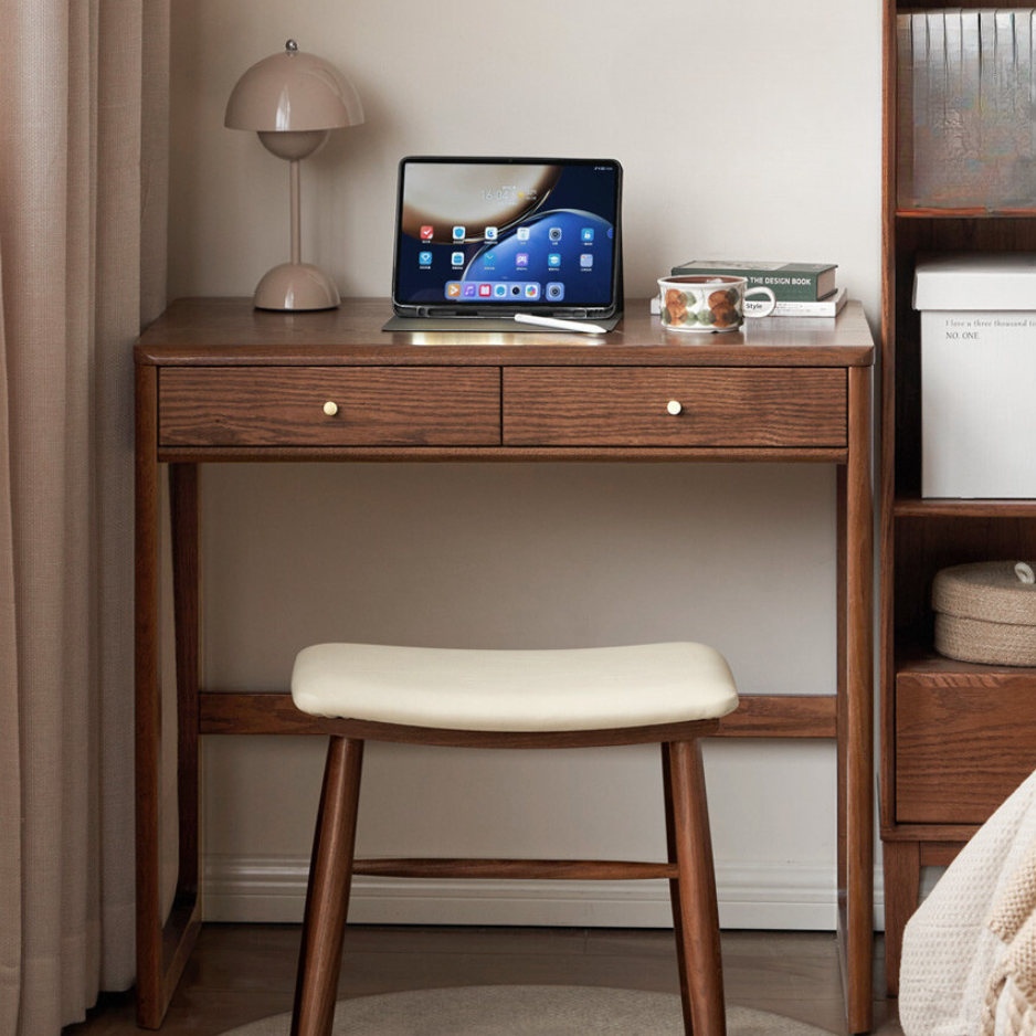 Solid Oak Wood Small Office Desk - Walnut Finish for Home & Workspace - Compact Writing Desk for Study, Dorm, or Apartment