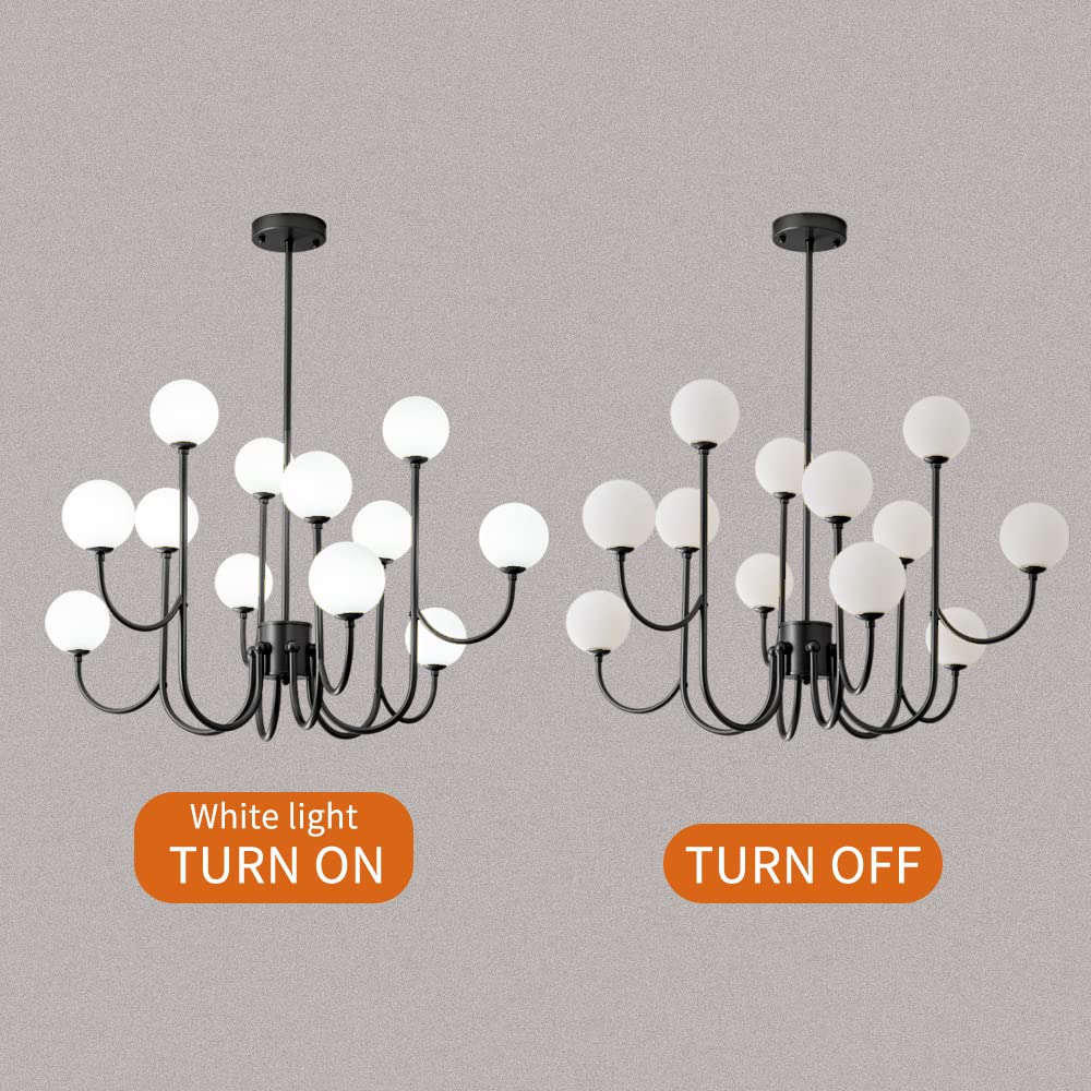 Modern Glass Globe 12-Light Sputnik Chandelier - Mid-Century Black Ceiling Light Fixture for Dining Room, Living Room, Bedroom, Kitchen, Stairwell & Office - Elegant Pendant Lighting for Home and Commercial Spaces