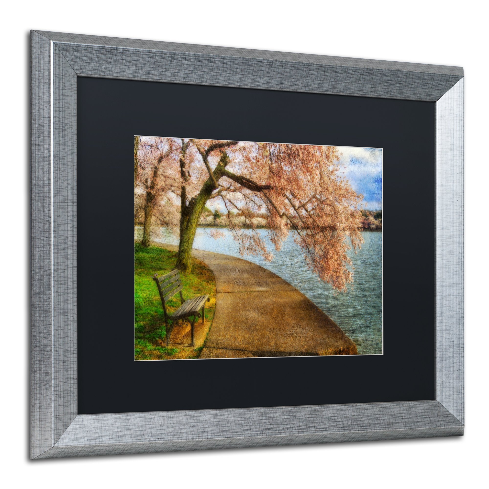 Trademark Fine Art 'Meet Me At Our Bench' by Lois Bryan - 16x20 Inch Silver Framed Canvas Print with Black Matte - Perfect for Living Room, Bedroom & Office Decor