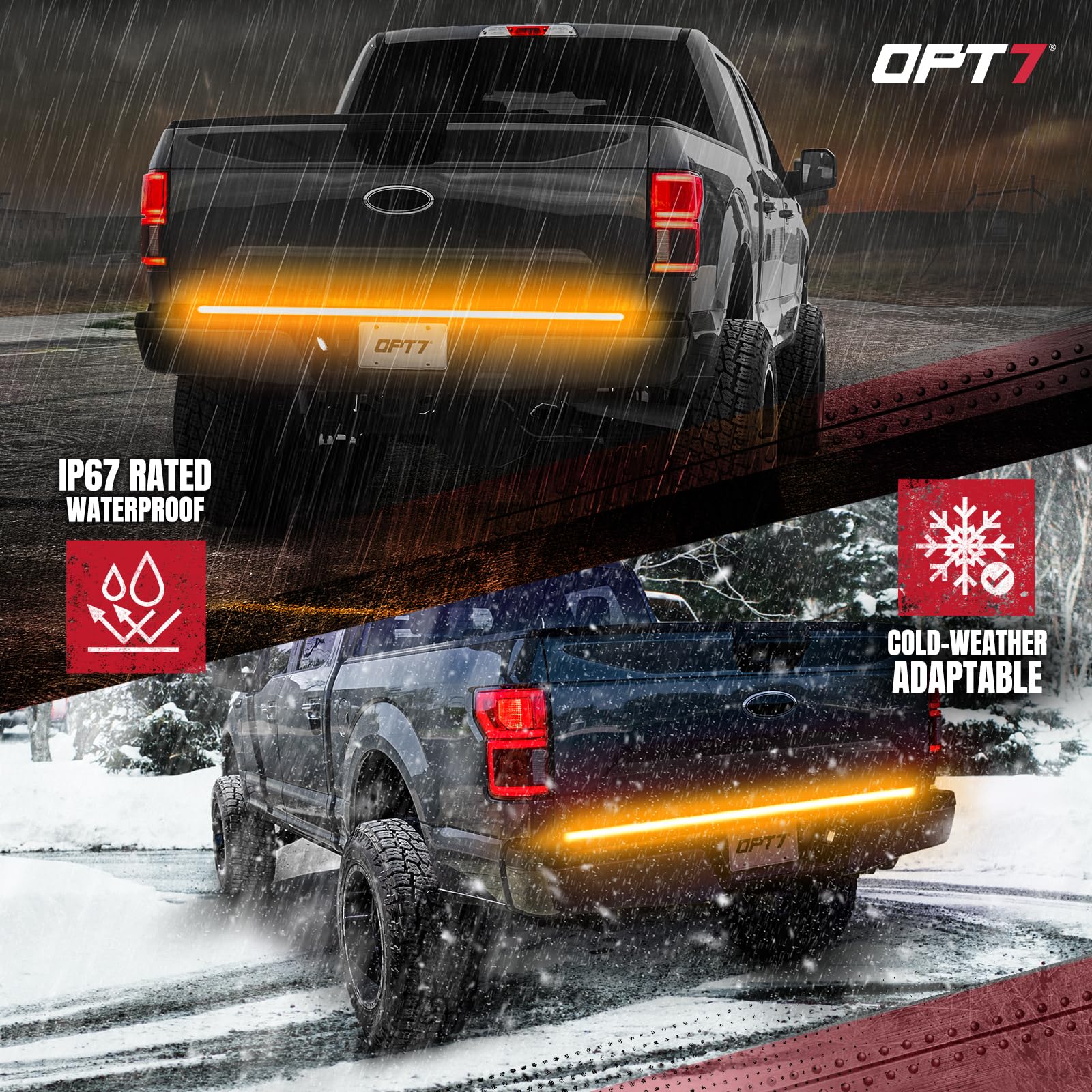 OPT7 60-Inch Triple LED Tailgate Light Bar with Amber Turn Signals & 60-Inch Running Board Lights with Sequential Amber Turn Signals - Enhanced Visibility for Trucks, SUVs, and Off-Road Vehicles