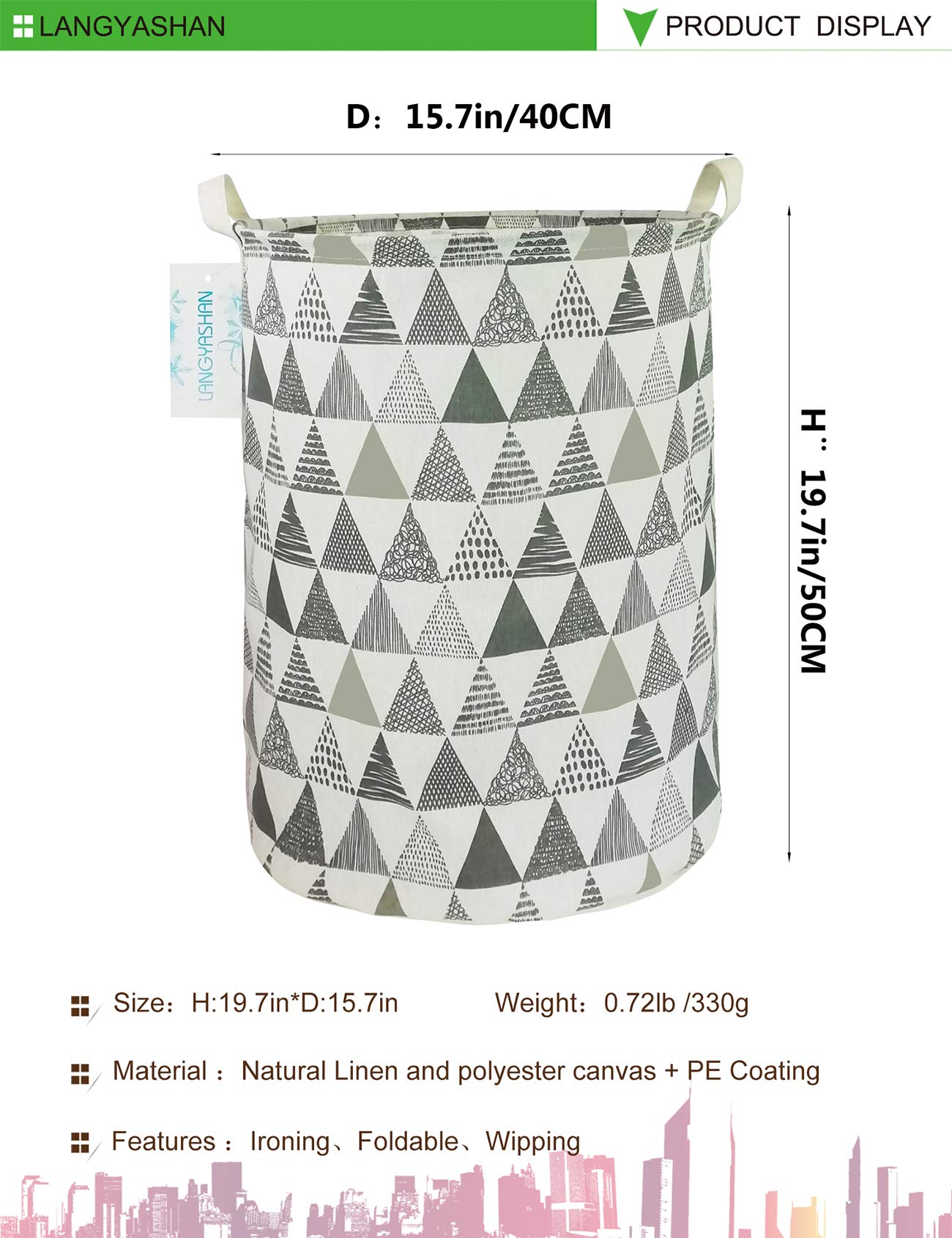 Collapsible Canvas Laundry Basket - Foldable Storage Bin for Clothes, Toys & Organizing | Nursery Hamper, Bedroom Organizer & Gift Basket | Perfect for Kids Room, Dorm & Home Use (Grey Triangle)