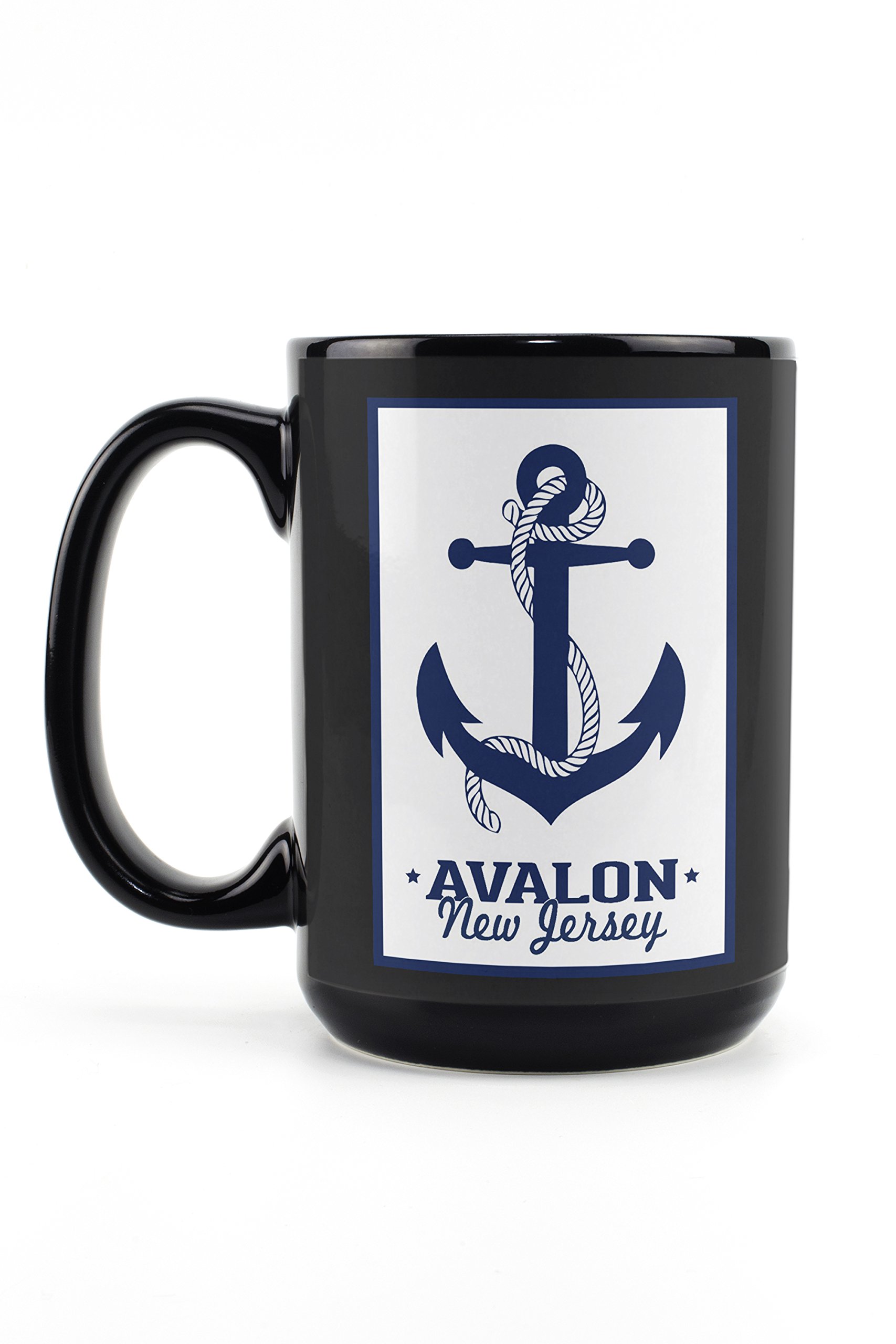 Lantern Press Avalon New Jersey Blue & White Anchor 15oz Black Ceramic Coffee Mug - Microwave & Dishwasher Safe - Perfect for Home, Office & Outdoor Use