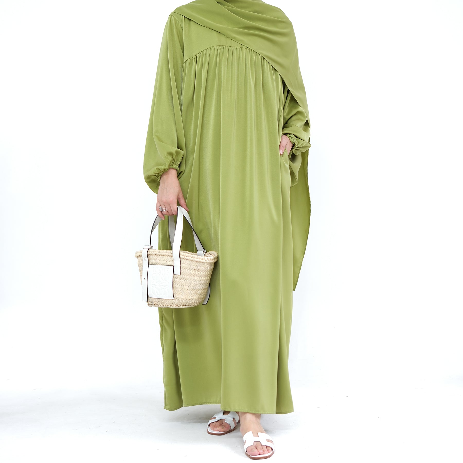 Amelia Satin Abaya Set for Women - Elegant Islamic Prayer Dress in Pistachio Green - Perfect for Eid, Ramadan & Special Occasions