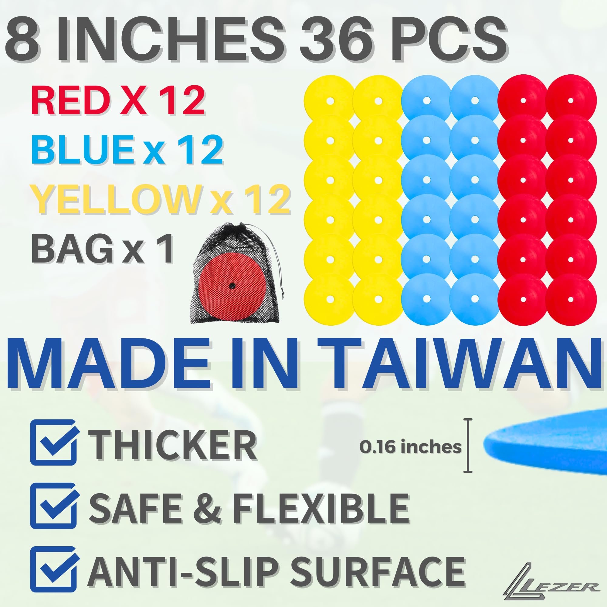 LEZER 6 Inch & 8 Inch Flat Cones - Soccer Training Equipment for Agility Practice, Football Drills & Field Markers | Durable Spot Markers for Sports Courts, Sit Spots & Flat Discs | Made in Taiwan | Perfect for Soccer Practice, Gym Training & Outdoor Sports Activities