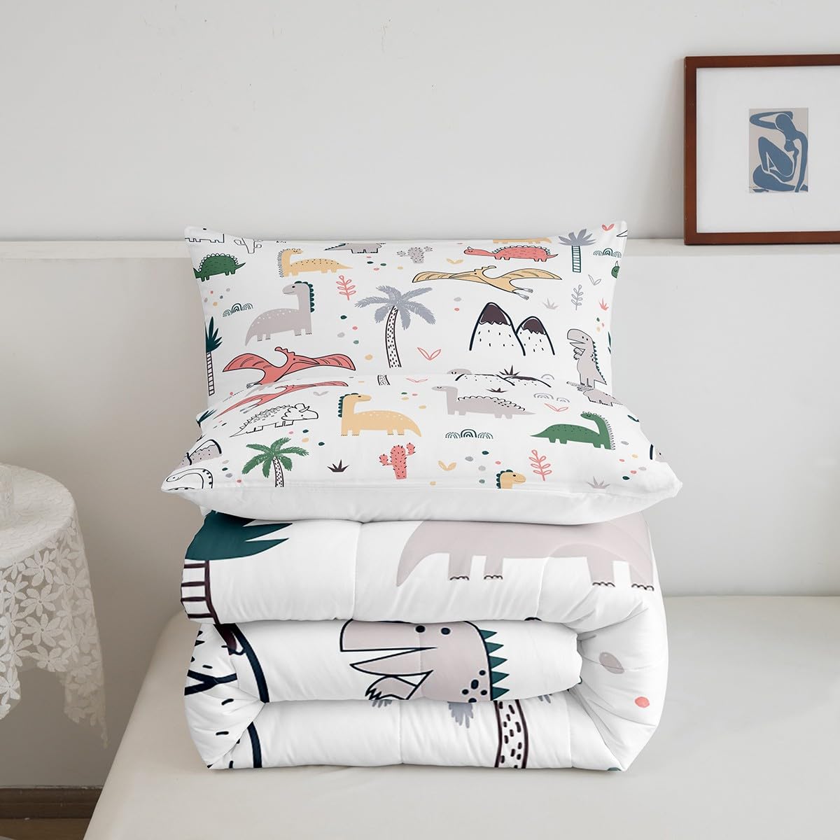 Feelyou Dinosaur Comforter Set - Queen Size Kids Bedding with Cartoon Dinos & Jungle Animals - Soft Duvet Cover for Boys & Girls Nursery Decor - Perfect for Kids' Rooms, Birthday Gifts & Dinosaur Themed Bedrooms