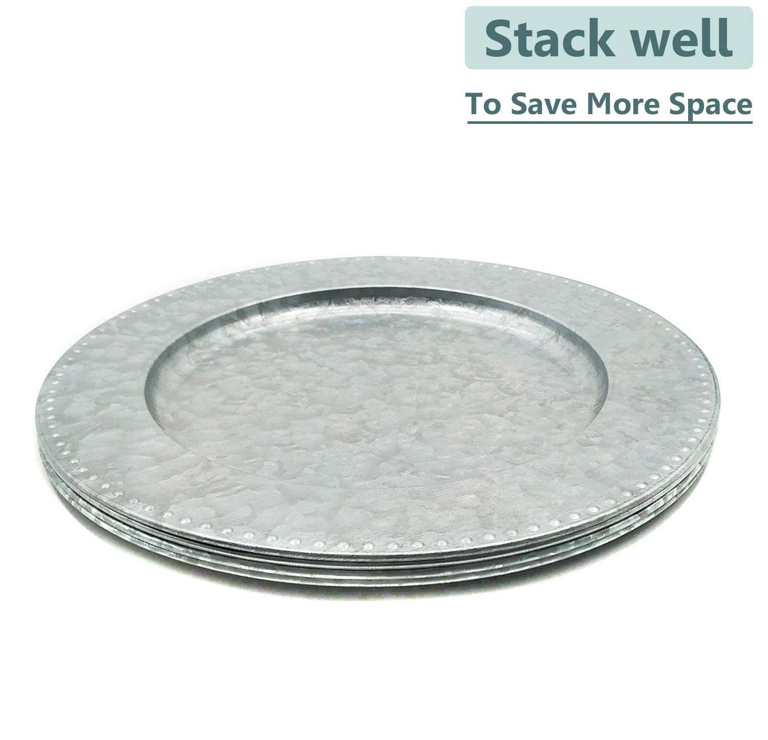 KX-WARE 13-inch Silver Galvanized Steel Beaded Charger Plates - Set of 6 Elegant Dinnerware for Wedding, Party & Formal Dining Decor