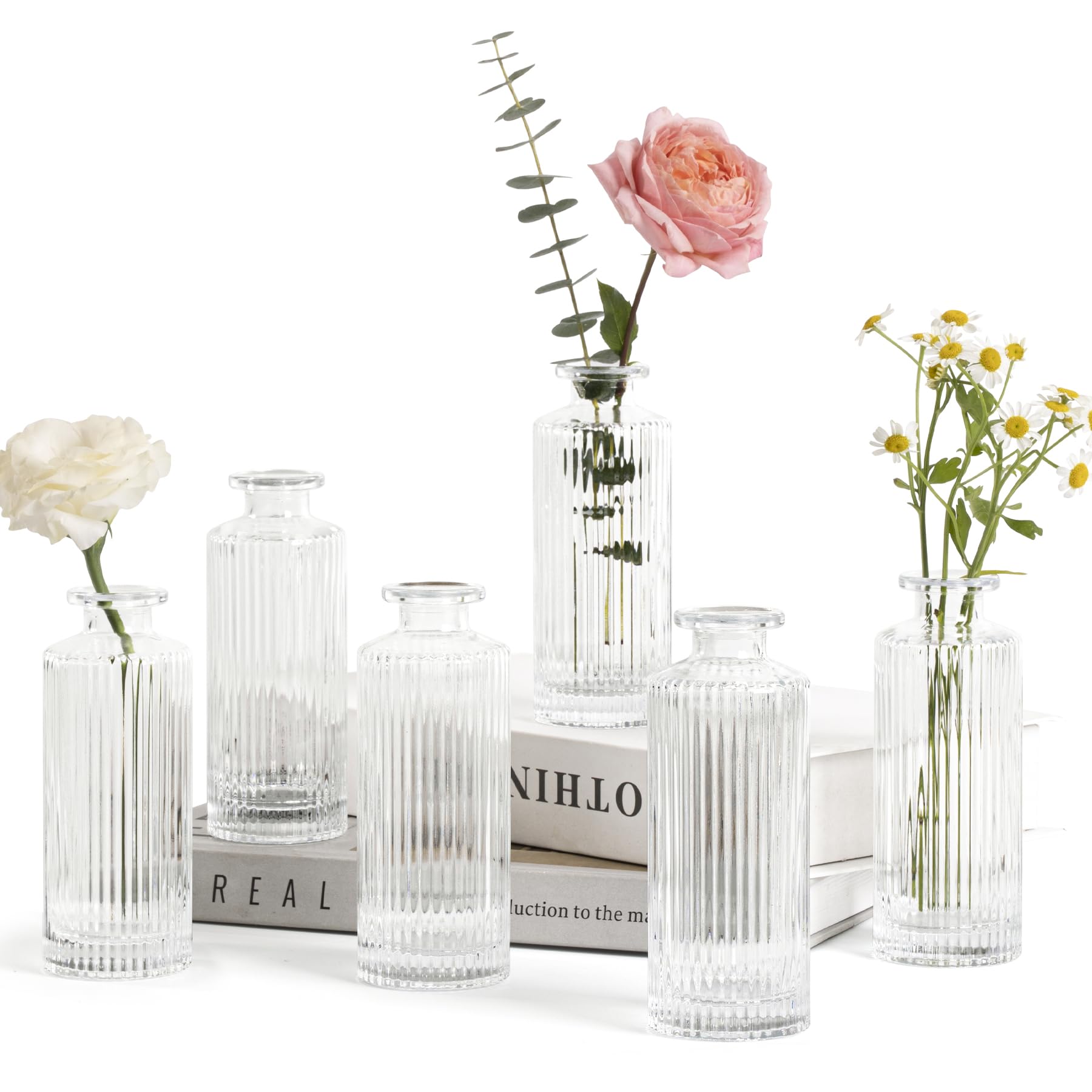 ComSaf Small Clear Glass Bud Vases - 12 Pack Mini Flower Vases for Wedding Centerpieces, Table Decor, Home Decoration & Housewarming Gifts | Elegant Ribbed Design for Floral Arrangements, Parties & DIY Projects