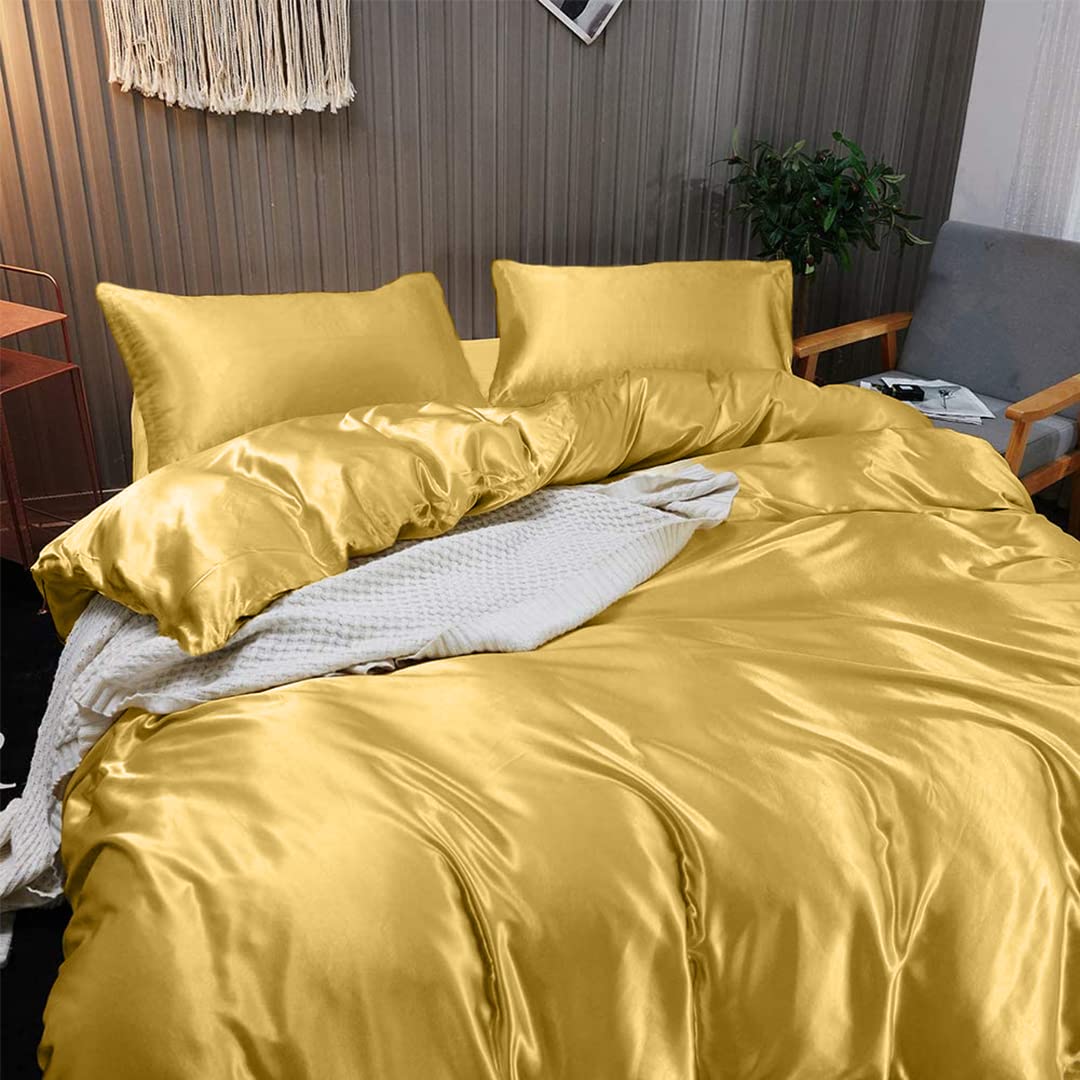 Luxury 7-Piece Silk Satin Sheet Set - Twin Size Deep Pocket Cooling Bedding - Wrinkle-Free Hotel Quality Duvet Cover & Pillowcases - Breathable Comfy Gold Bed Sheets for Home, Guest Room & Spa Retreat