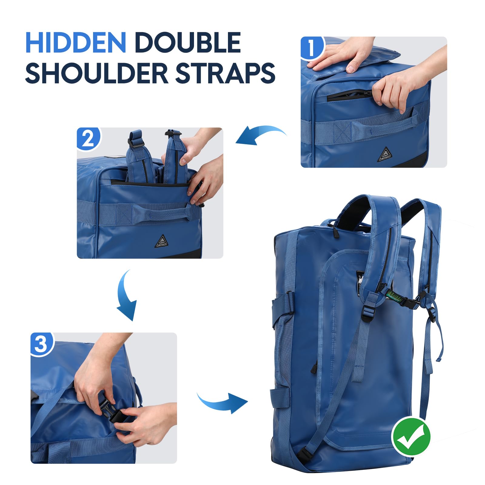 Haimont 60L Large Convertible Duffle Backpack - Water Resistant Sports & Travel Bag for Gym, Weekender, Hiking - Blue | Perfect for Outdoor Adventures & Business Trips