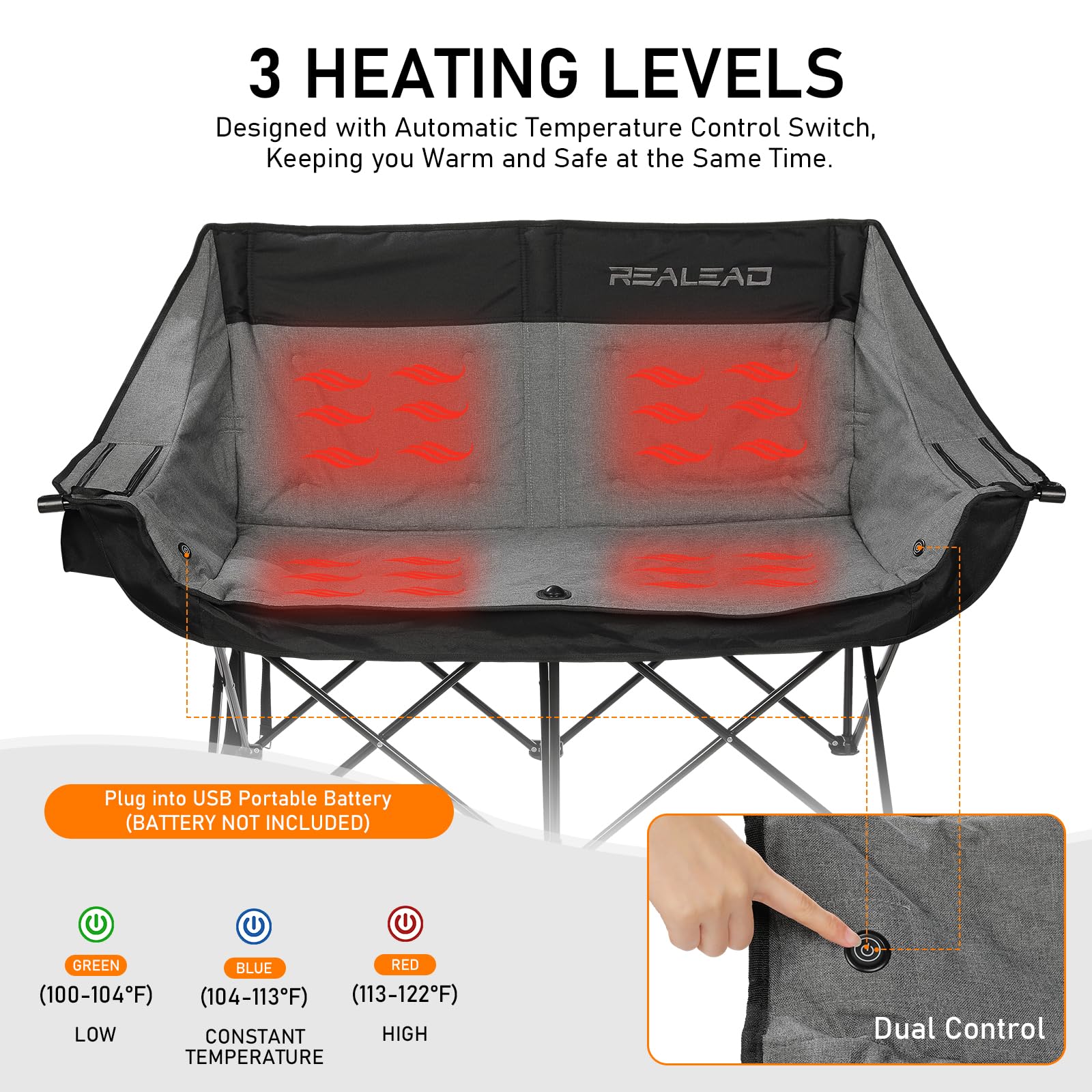 REALEAD Heated Double Camping Chair with 3 Heat Levels & 4 Heating Zones - 650lbs Capacity Portable Folding Loveseat for Couples - Perfect for Outdoor Camping, Hiking, Picnics, and Winter Sports (Battery Not Included)