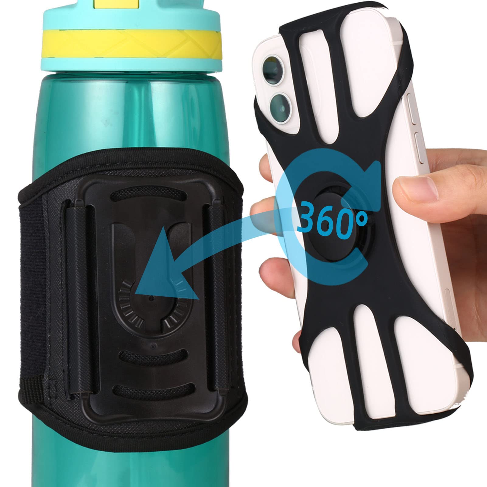 360° Rotating Silicone Water Bottle Phone Holder - Detachable & Adjustable Gym Bottle Strap for iPhone & Android - Perfect for Running, Walking, Hiking & Outdoor Activities