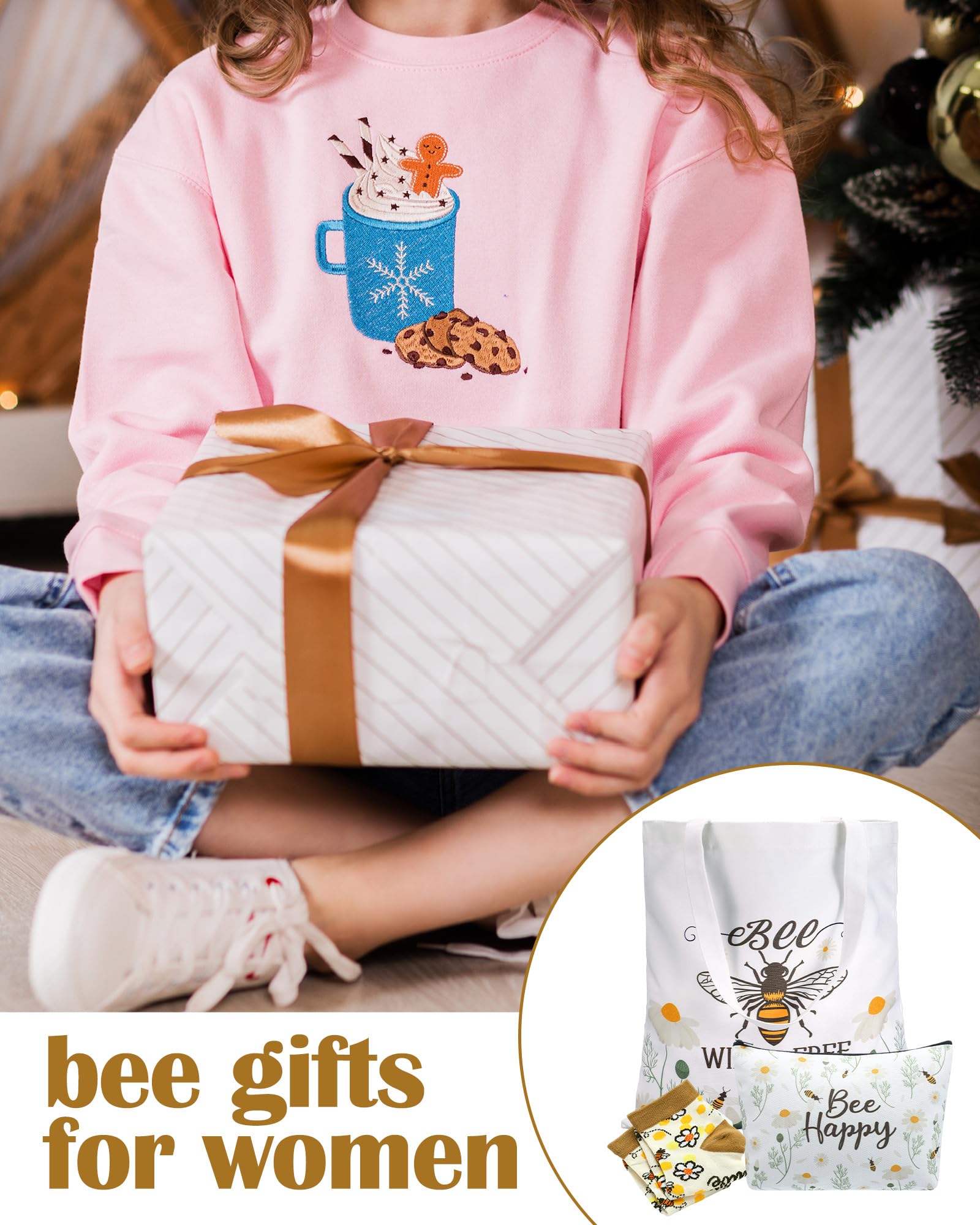 3-Piece Bee-Themed Gift Set for Women - Funny Honeybee Canvas Tote Bag with Zipper, Makeup Pouch & Socks - Perfect for Bee Day, Birthdays, Holidays - Great for Moms, Teachers, Employees, Beekeepers & Nature Lovers - Ideal for Picnics, Gardening & Beekeeping Activities