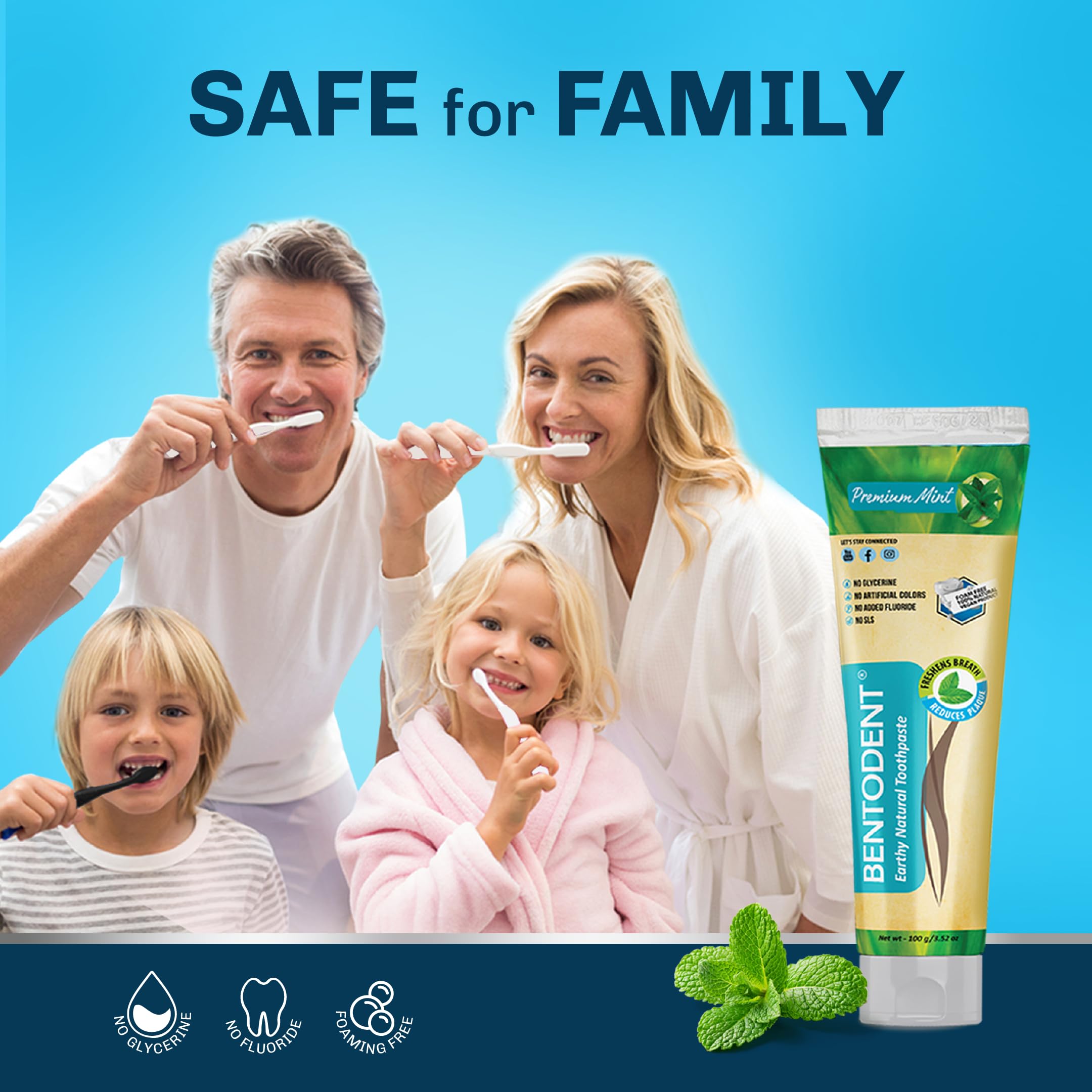 Bentodent Remineralizing Toothpaste - Fluoride-Free Natural Toothpaste with Food Grade Organic Calcium Bentonite Clay for Adults & Kids | Whitens Teeth, Soothes Sensitivity | Fresh Mint Flavor | Ideal for Daily Oral Care & Sensitive Teeth Whitening