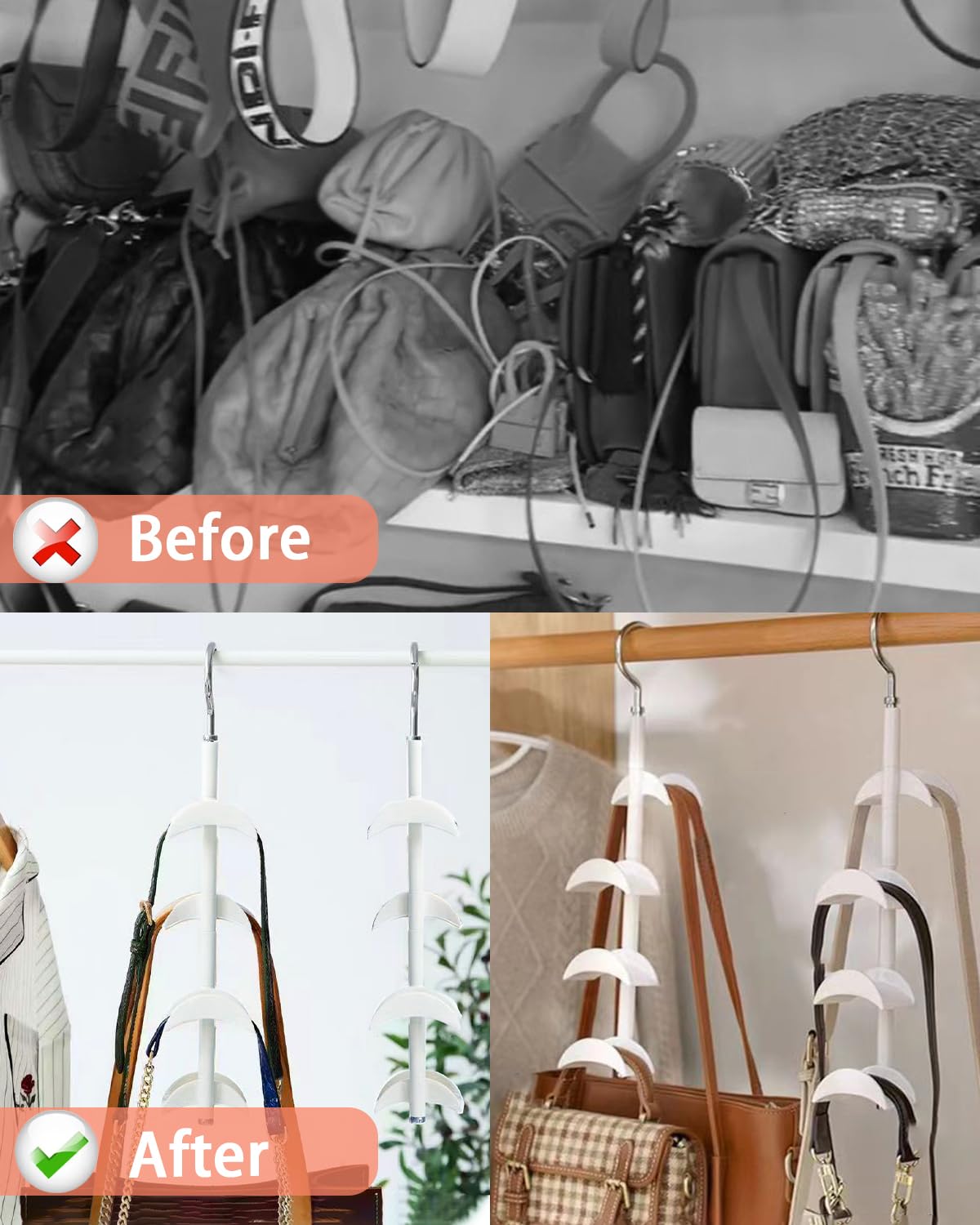 Rotating Purse Hanger for Closet Organizer - White Purse Holder Hook for Handbags, Totes, Scarves & Belts | Space-Saving Closet Storage Solution for Purses & Accessories