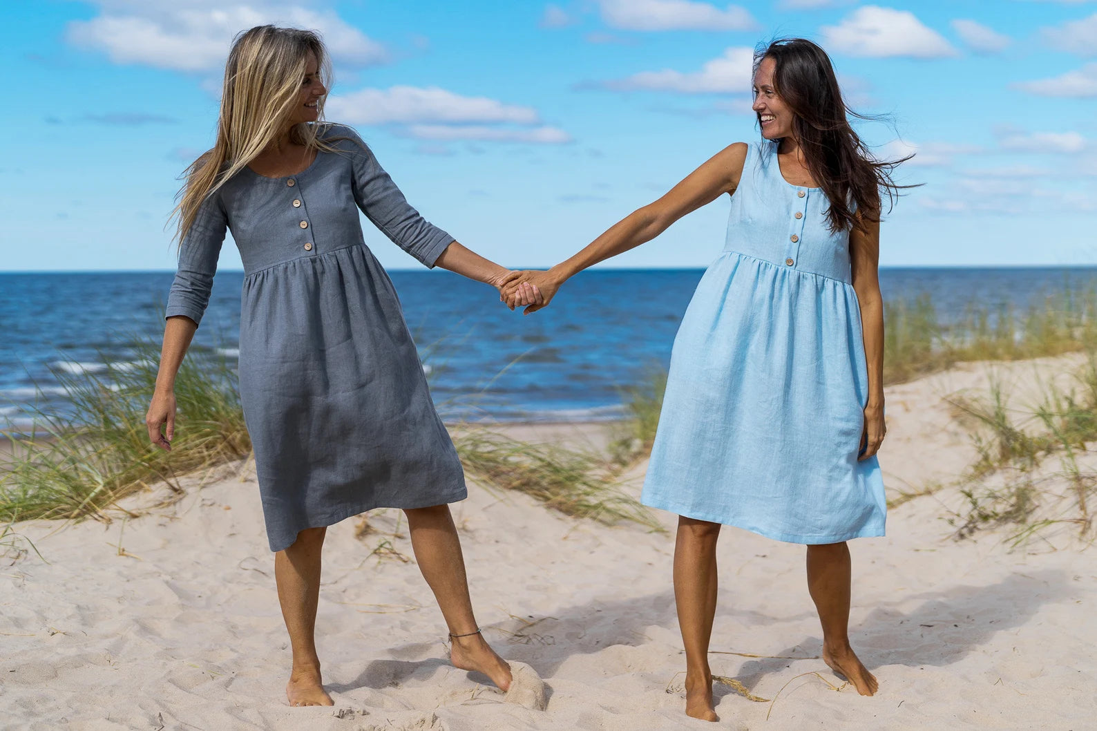 BARBARA Grey Linen Maternity Dress with 3/4 Sleeves - Comfortable Pregnancy Outfit for Casual Wear & Summer Maternity Photos