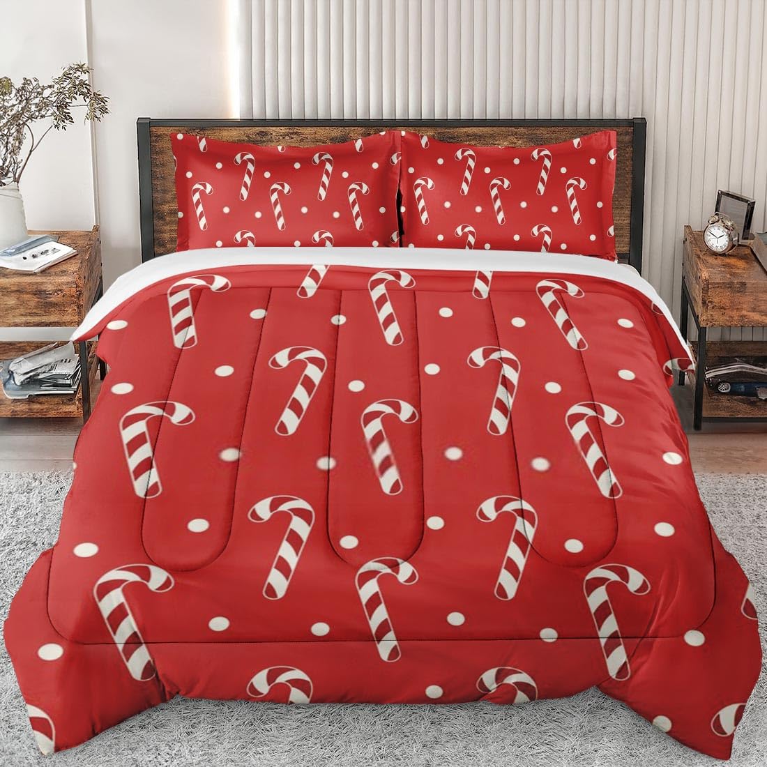 Christmas Red Cream Polka Dot Comforter Set Queen Size - Soft Xmas Candy Bedding Set for Kids & Adults with 2 Pillowcases - Perfect for Holiday Bedroom Decor & Cozy Winter Nights