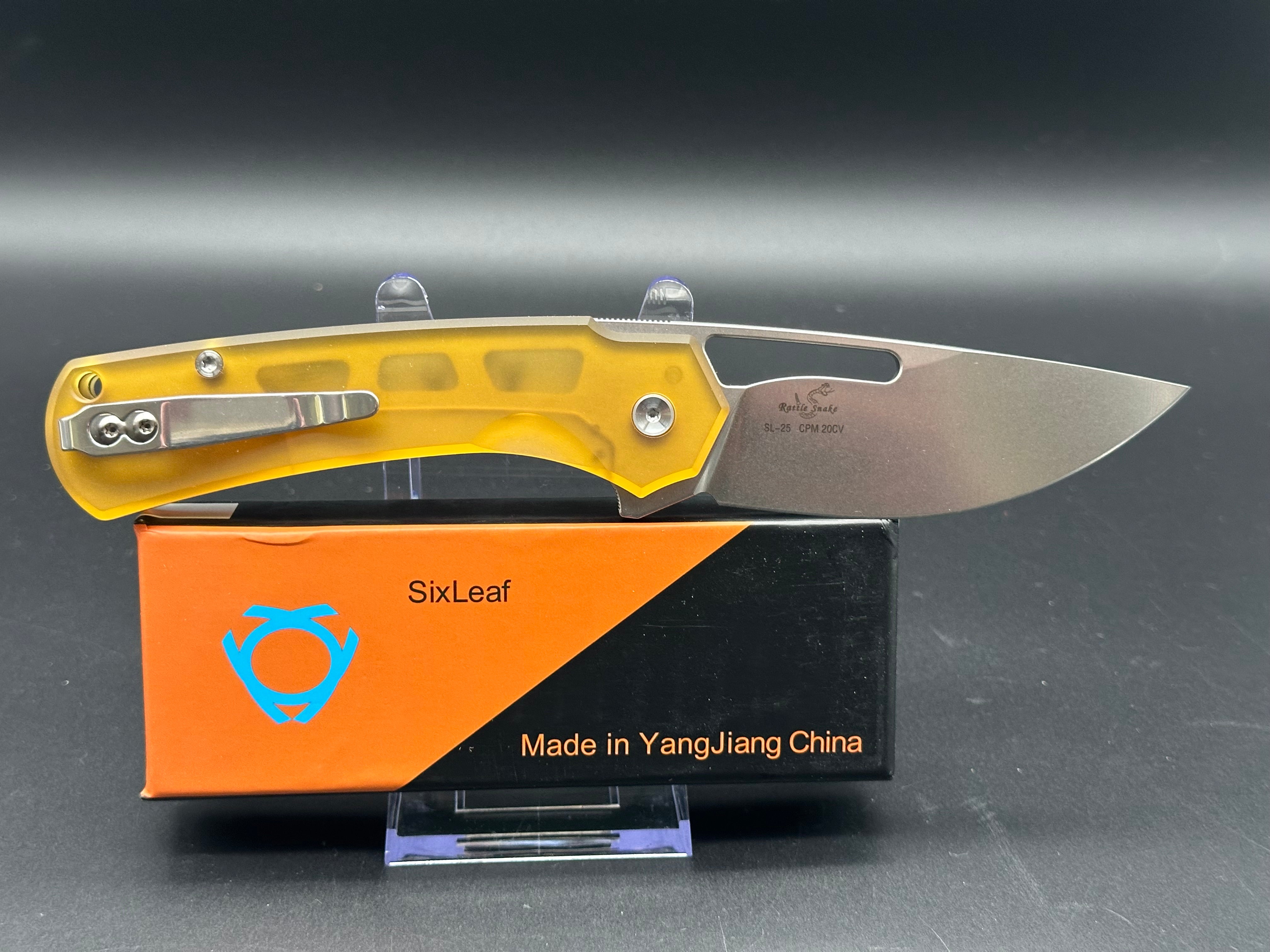 SixLeaf Folding Knife - Yellow Ultem Handle, 20CV Steel Plain Edge SL-25 PEI | EDC, Camping, Hiking & Outdoor Survival Tool