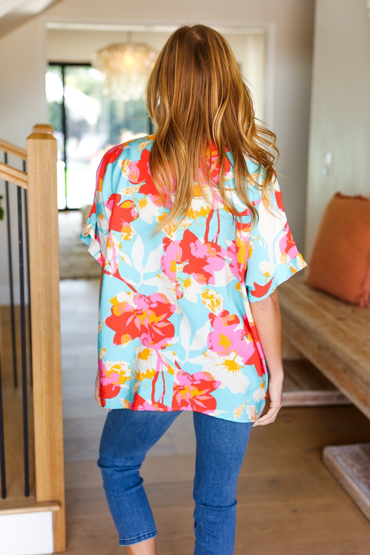 Stylish Aqua & Coral Floral Print V-Neck Woven Blouse for Women | Summer Casual & Beach Outfit | Perfect for Vacations, Dates, and Outdoor Events